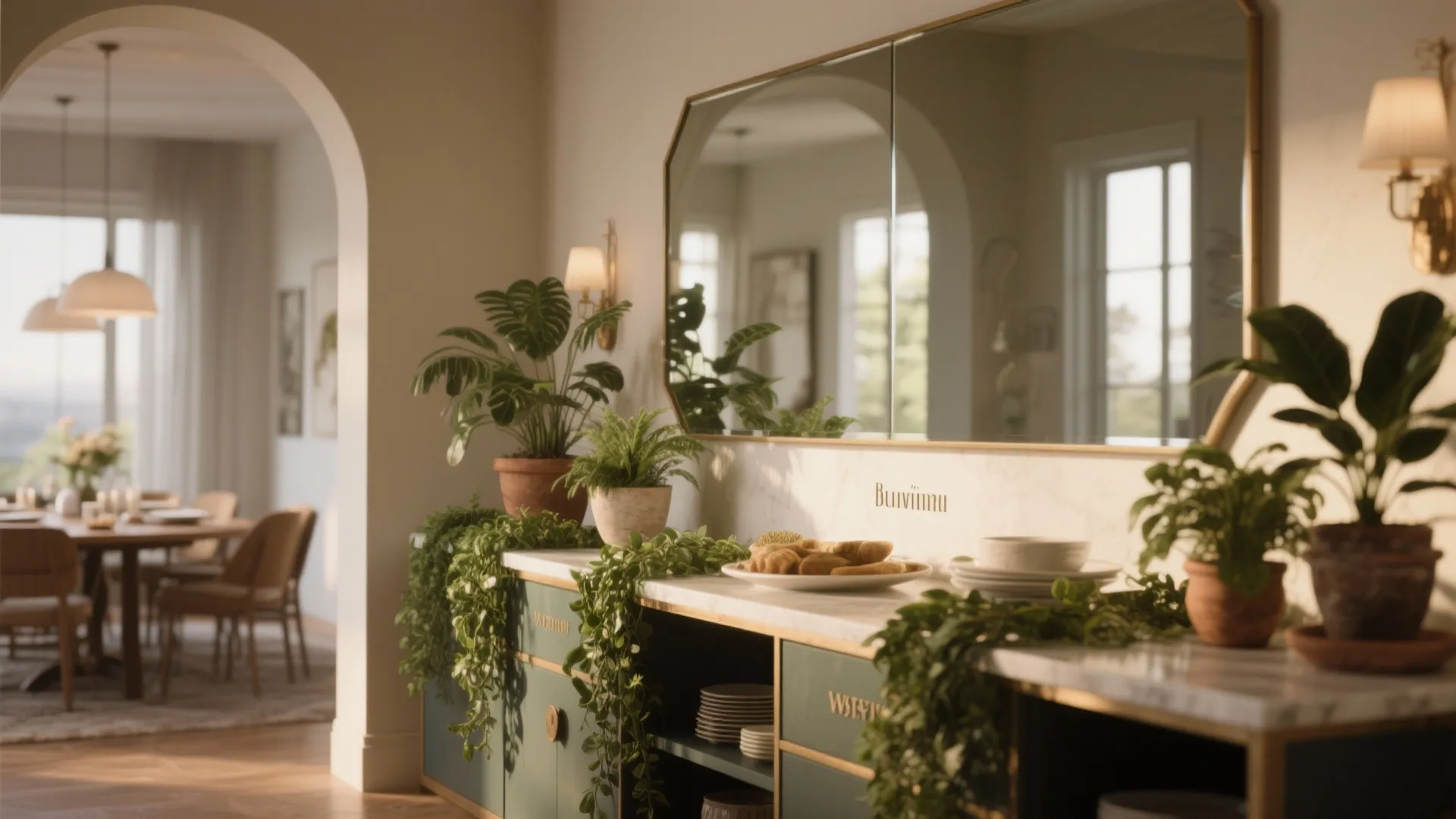 3. Greenery and mirrors: make the buffet breathe