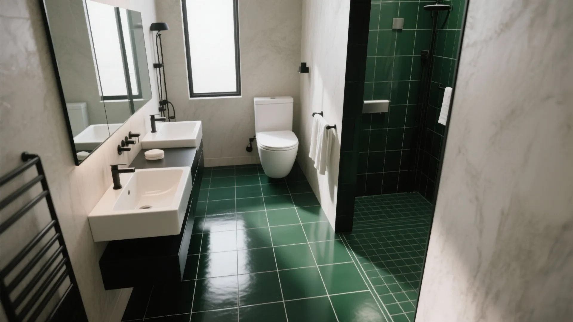 Contemporary bathroom with green floor tiles green shower wall double white sinks and black fixtures