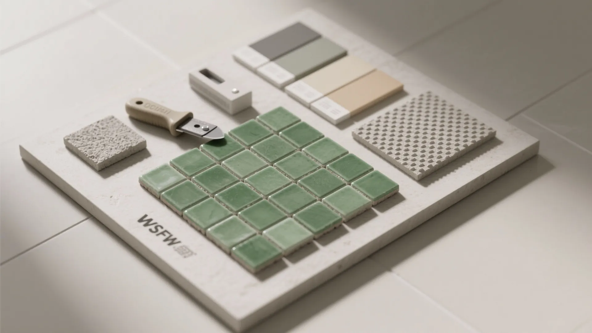 Material board with green square tiles color samples and stone textures for interior design planning