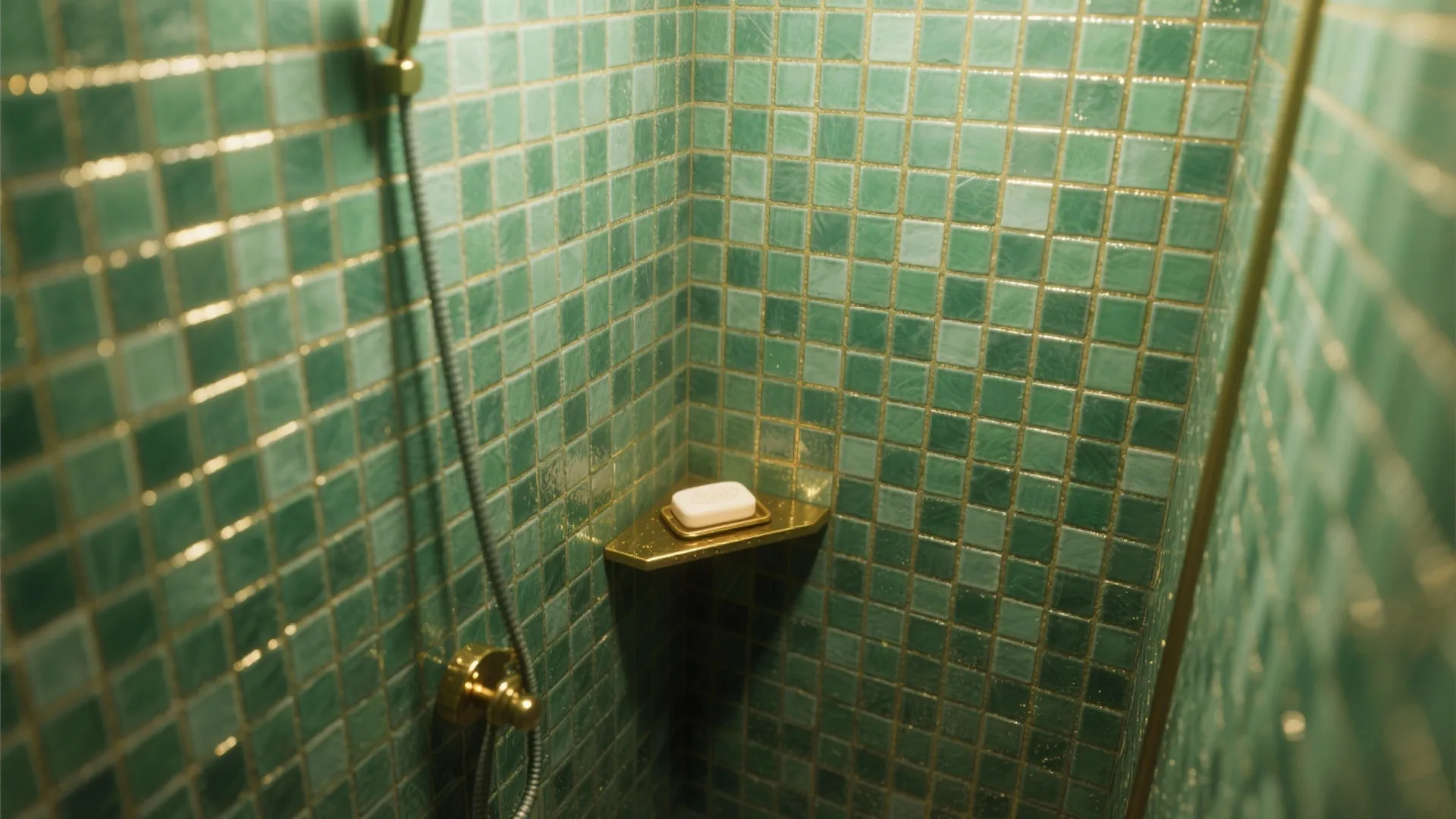 3. Green mosaic tiles and gold grout lines