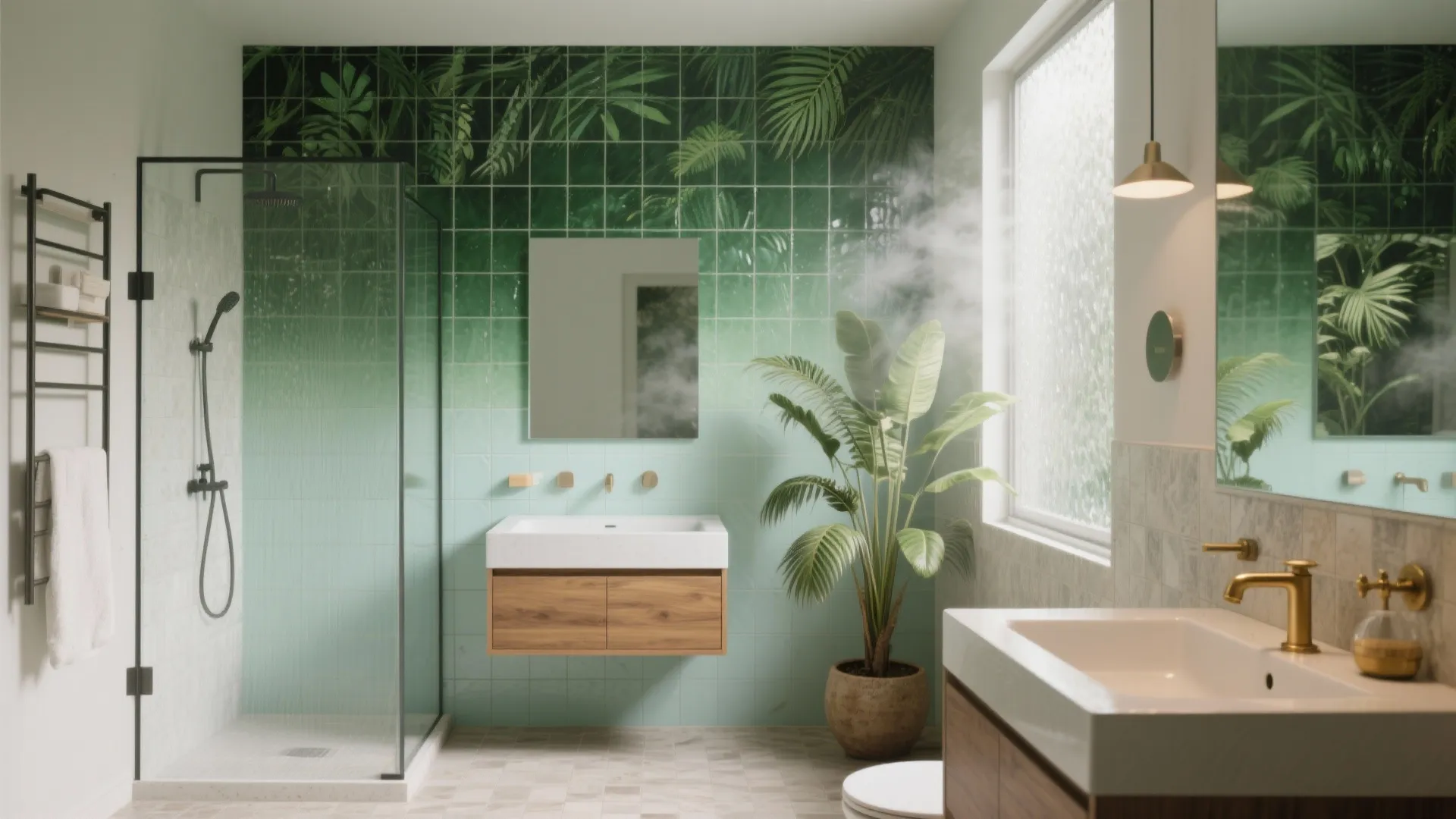 Modern bathroom with green tropical leaf wall tiles glass shower room and wooden sink cabinet
