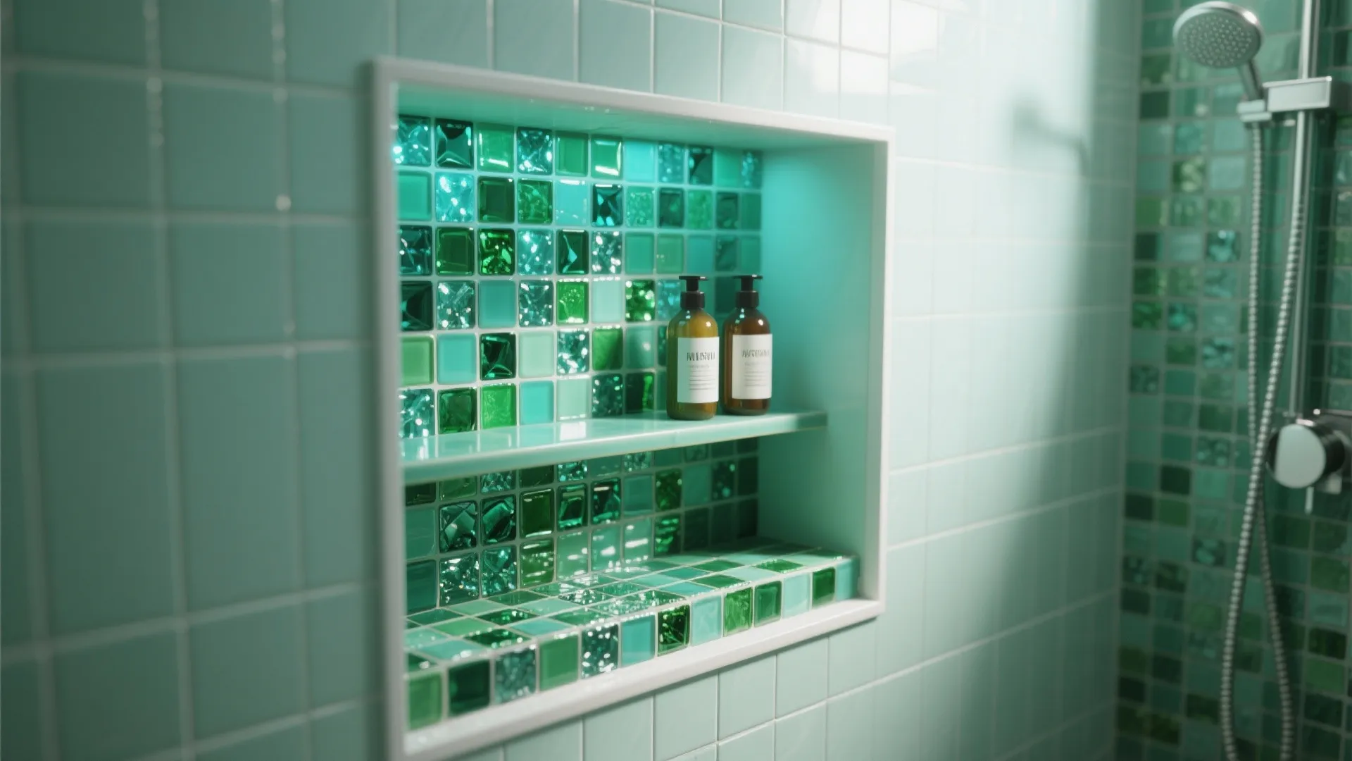 Modern bathroom shower wall shelf with green mosaic tiles holding two brown bottles and soap