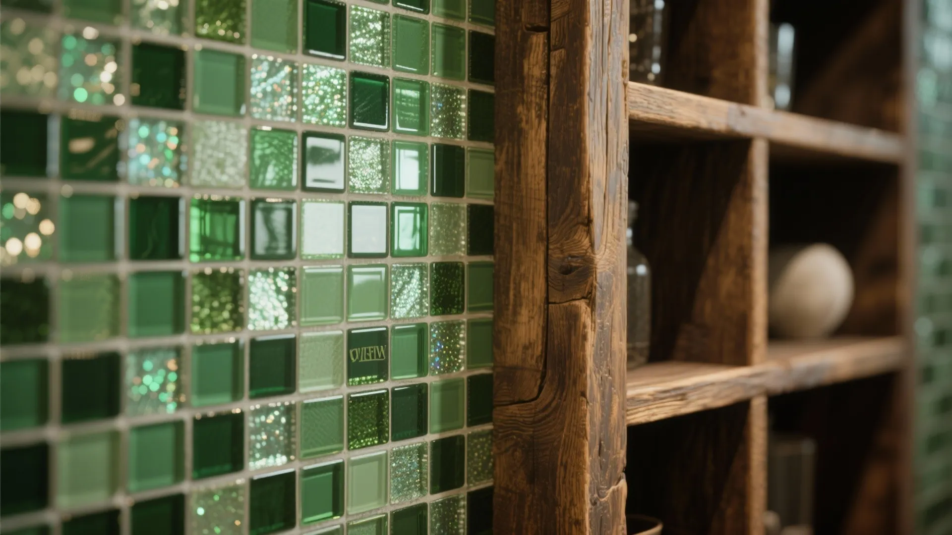 5. Green glass mosaics + reclaimed wood shelving