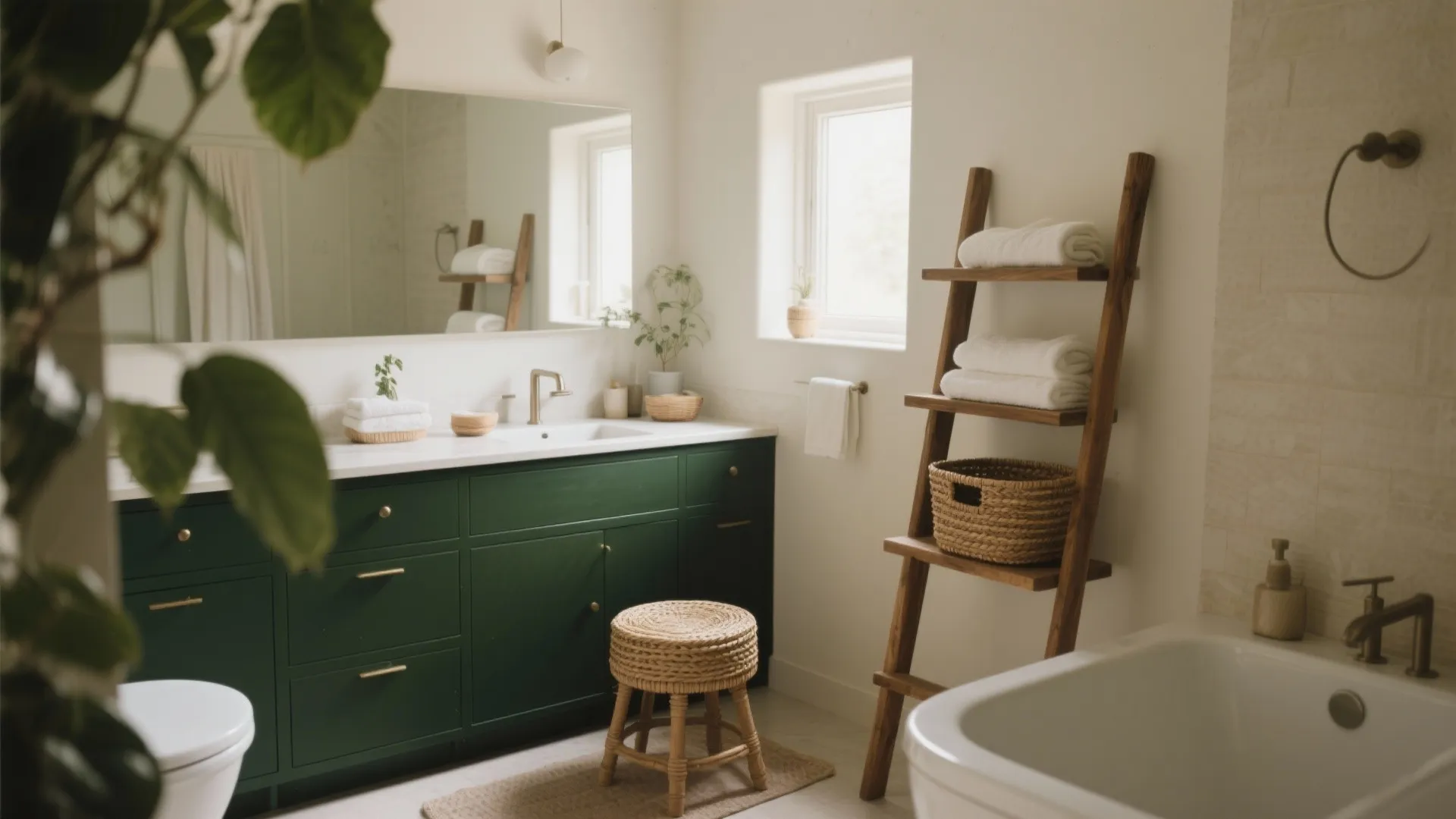 Bright bathroom featuring green cabinet wooden ladder towel rack woven stool and white bathtub area
