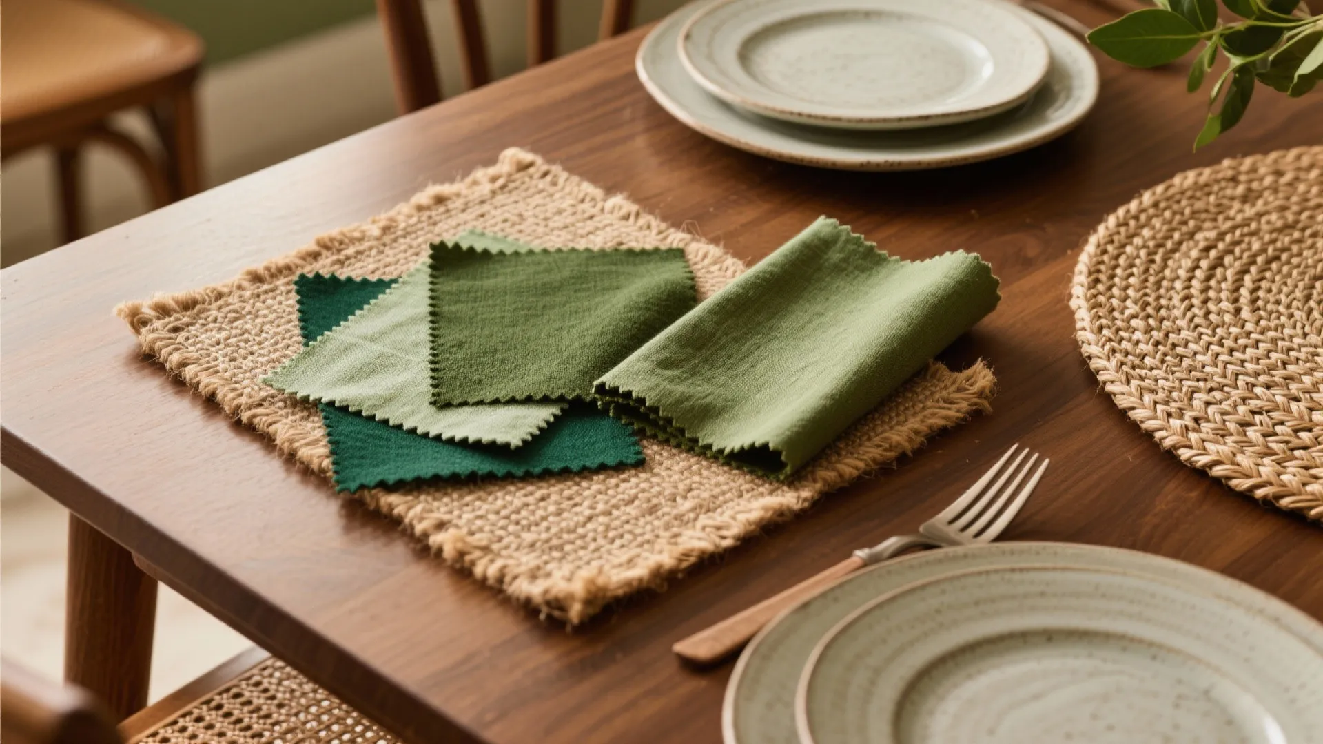 Green fabric samples on a woven mat on a wooden dining table with white ceramic plates