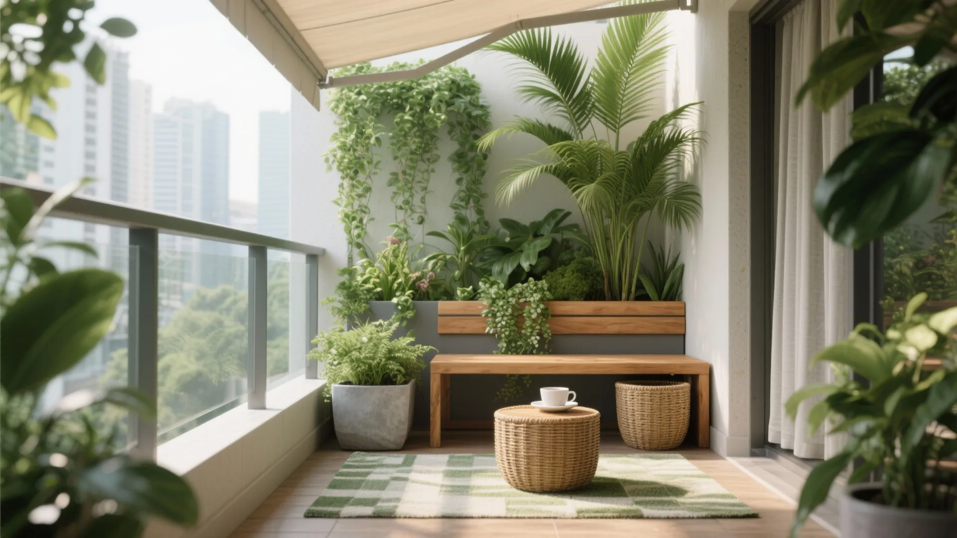 Small balcony garden with green plants wooden bench wicker coffee table and green patterned rug
