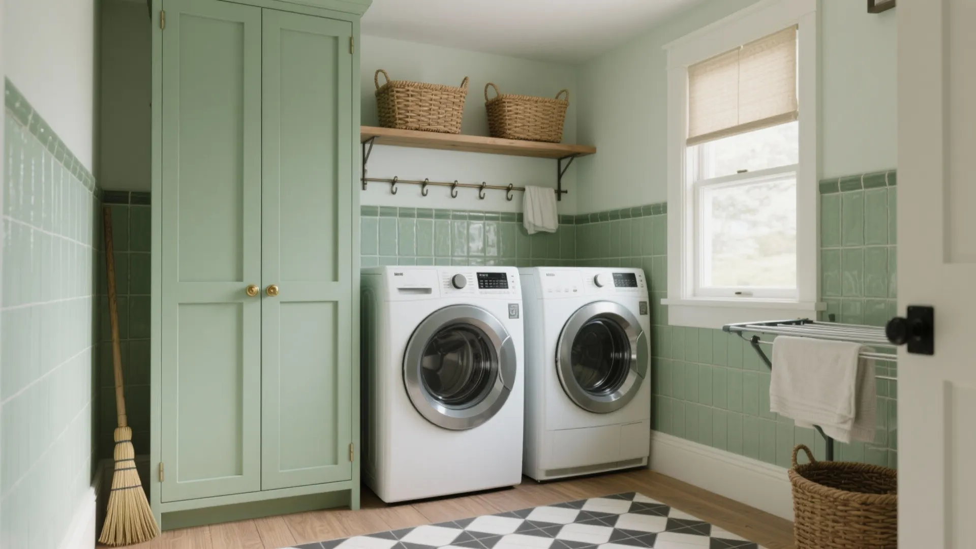 Green laundry room with white washing machines wall tiles wooden shelf baskets and natural light