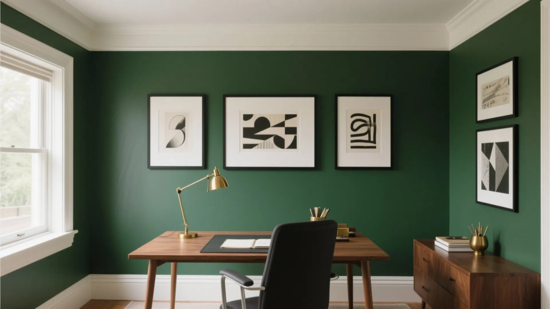 Modern home office with green walls wooden desk black chair gold lamp and framed wall art