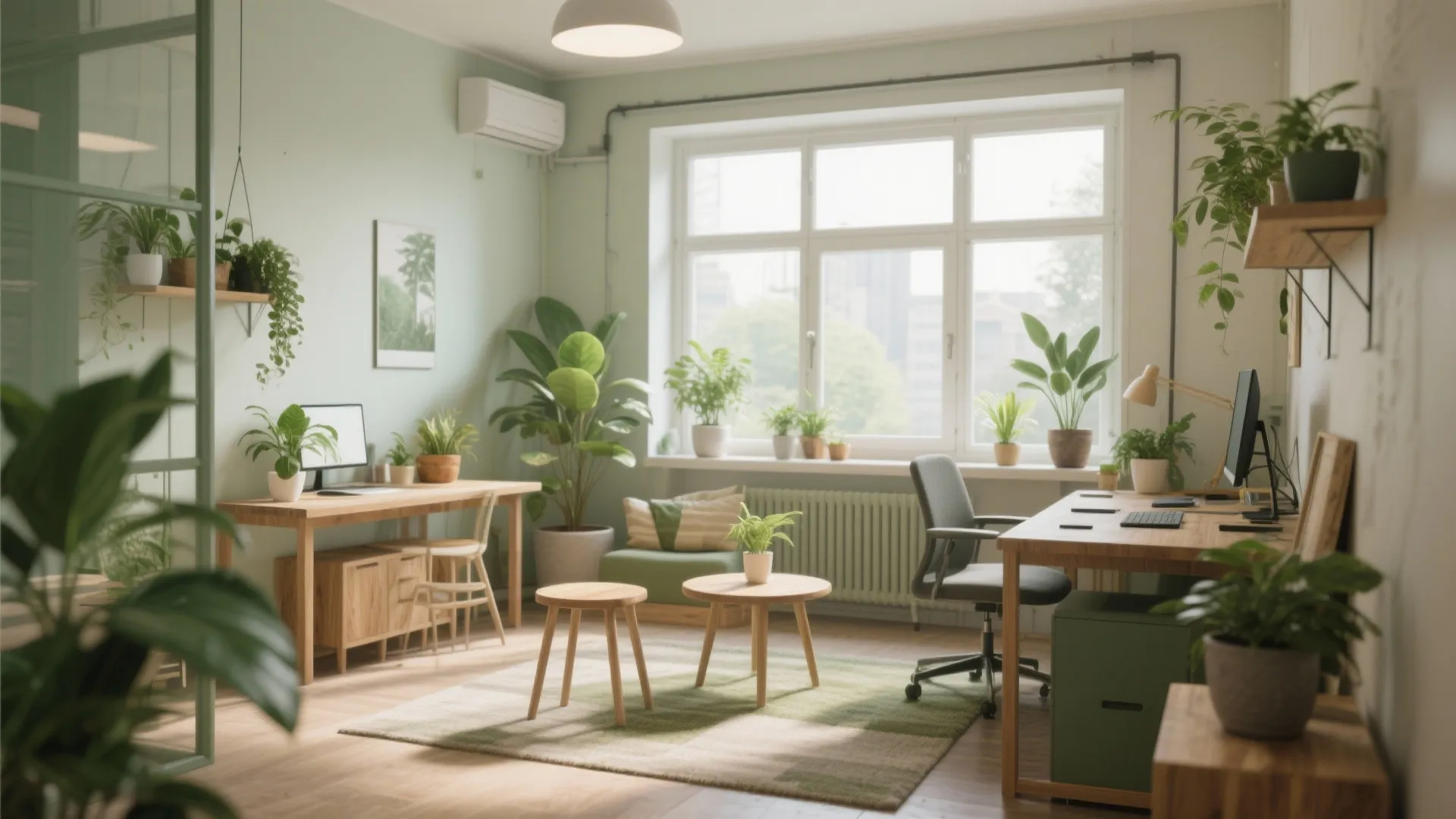 Spacious green home office with wooden desks chairs many indoor plants and large bright window