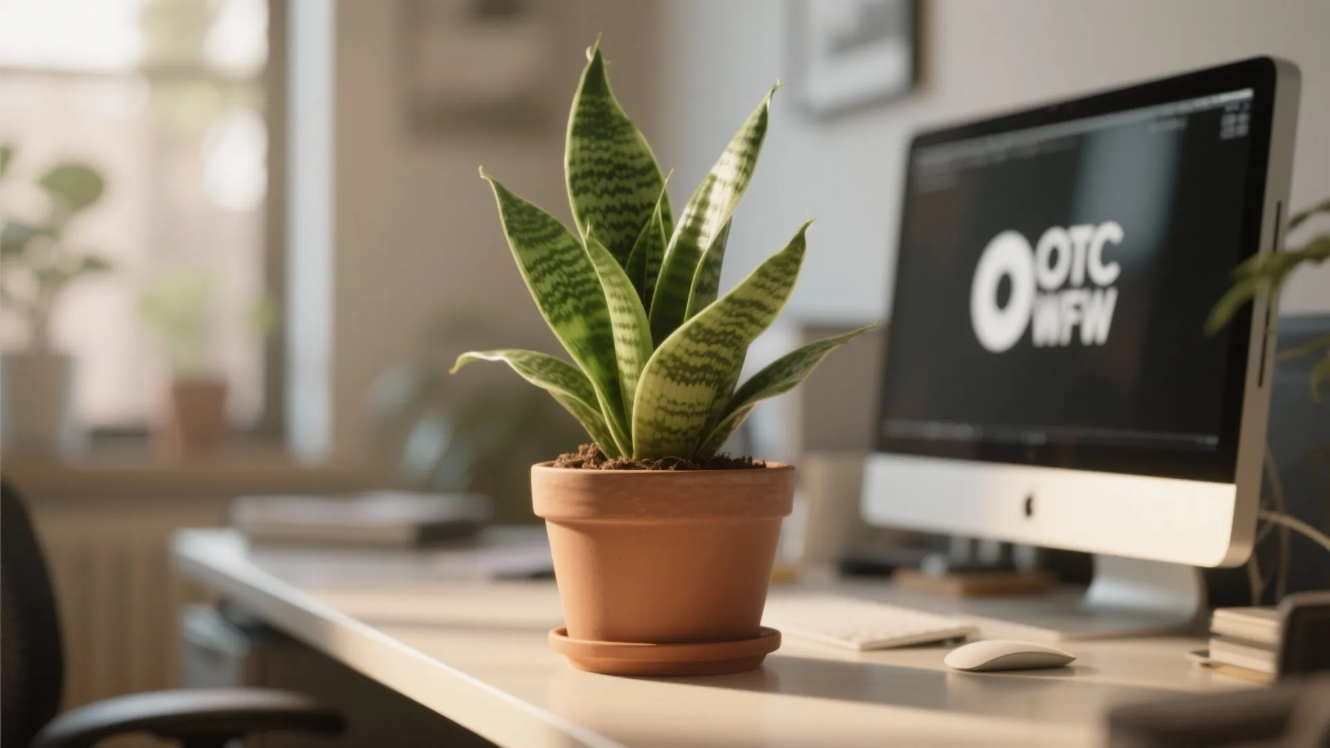 Green potted snake plant on a white desk with computer monitor in a bright office