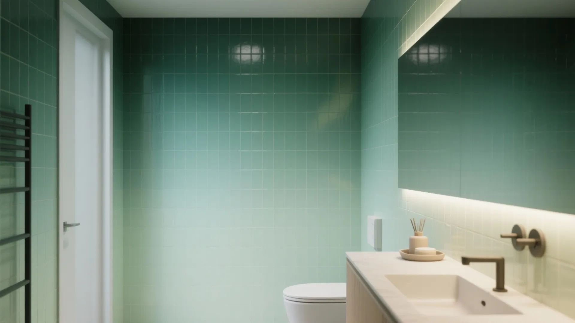 Bathroom ombre wall transitioning from pistachio to deep forest green tiles with minimalist fixtures