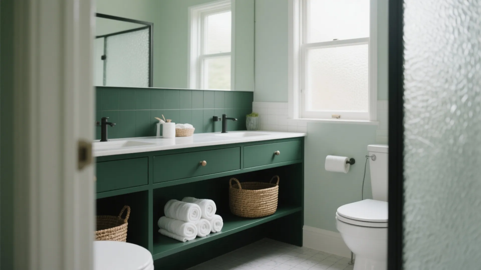 Modern bathroom with dark green cabinet white sink marble floor large mirror and white toilet