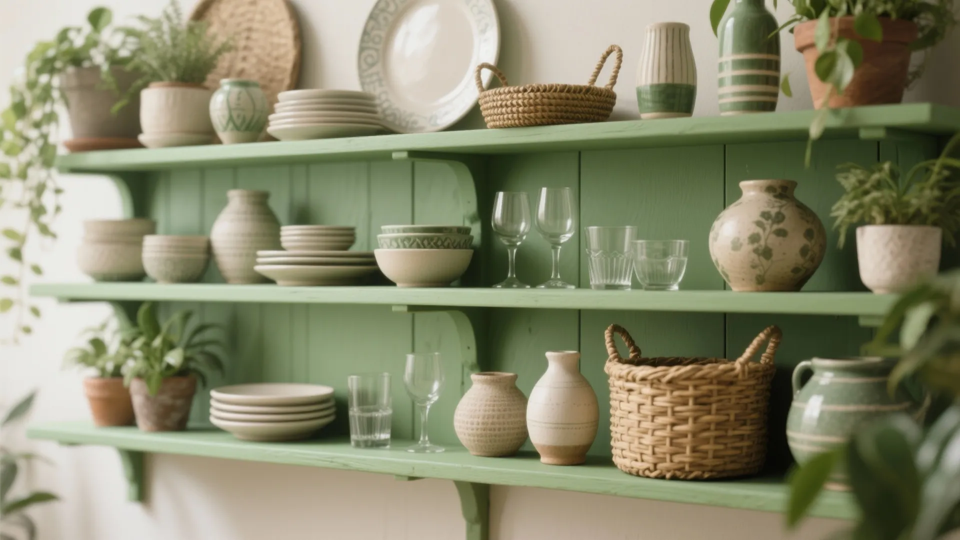 4. Green open shelving and plants for texture