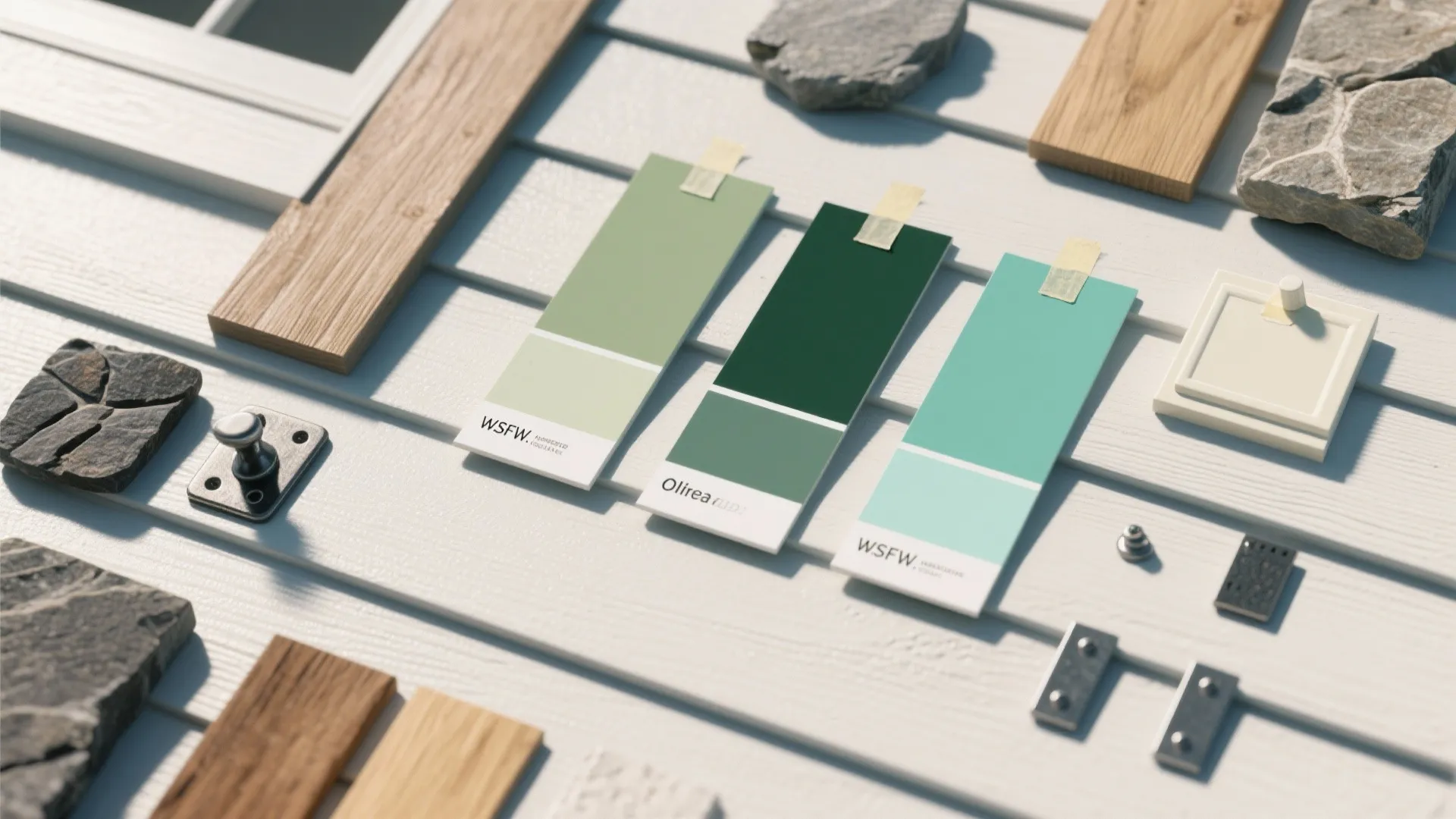 Green paint color swatches lying on white wall panel with wood and stone material samples