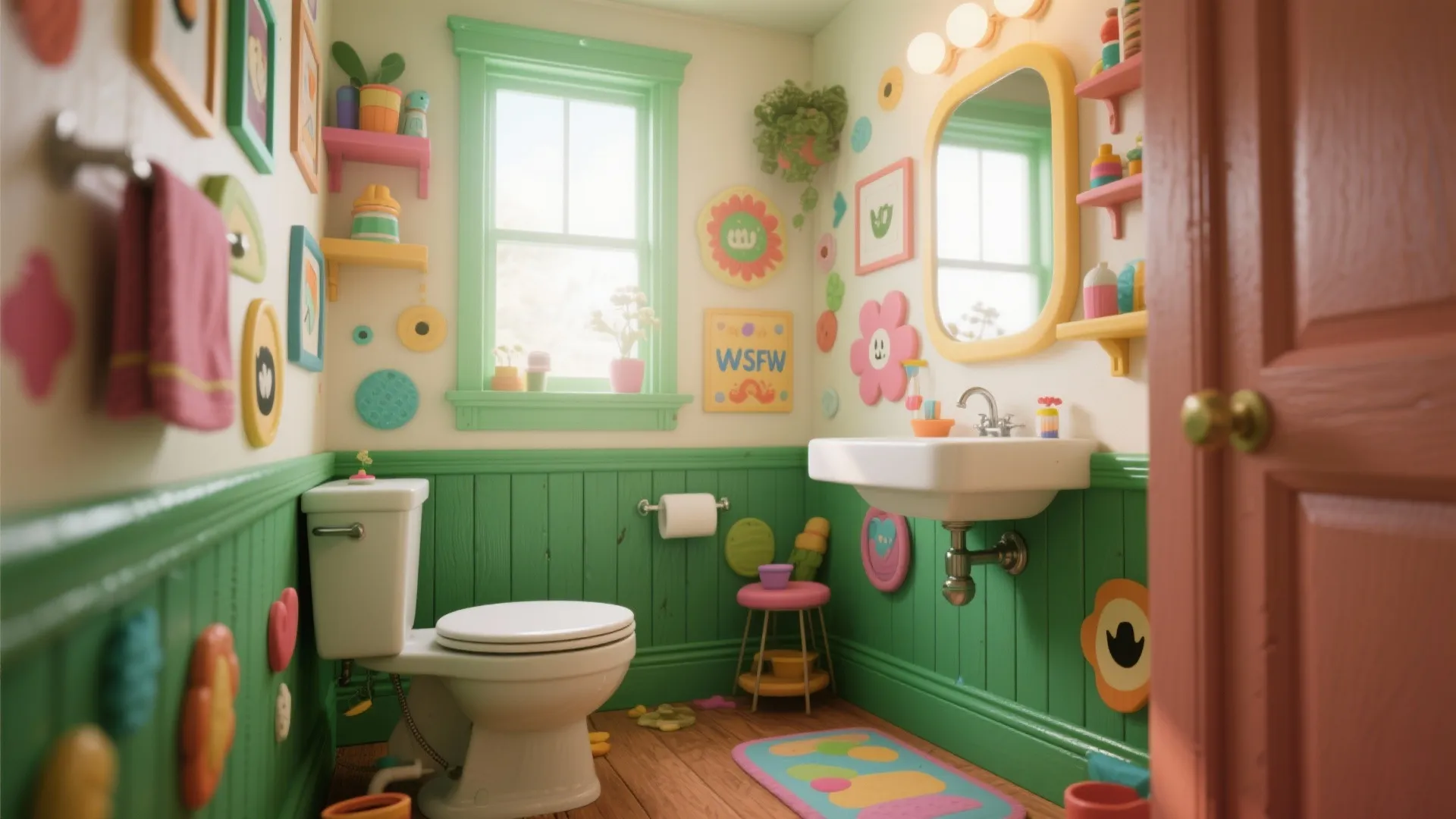 Colorful bathroom with green wall panel, floral wall decor, white toilet, and a yellow mirror