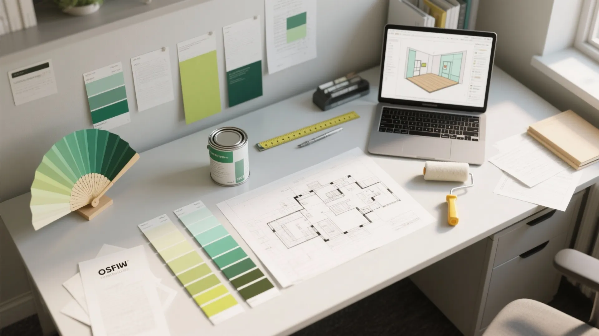Interior design drawing on desk with laptop green color swatches paint can and a small roller