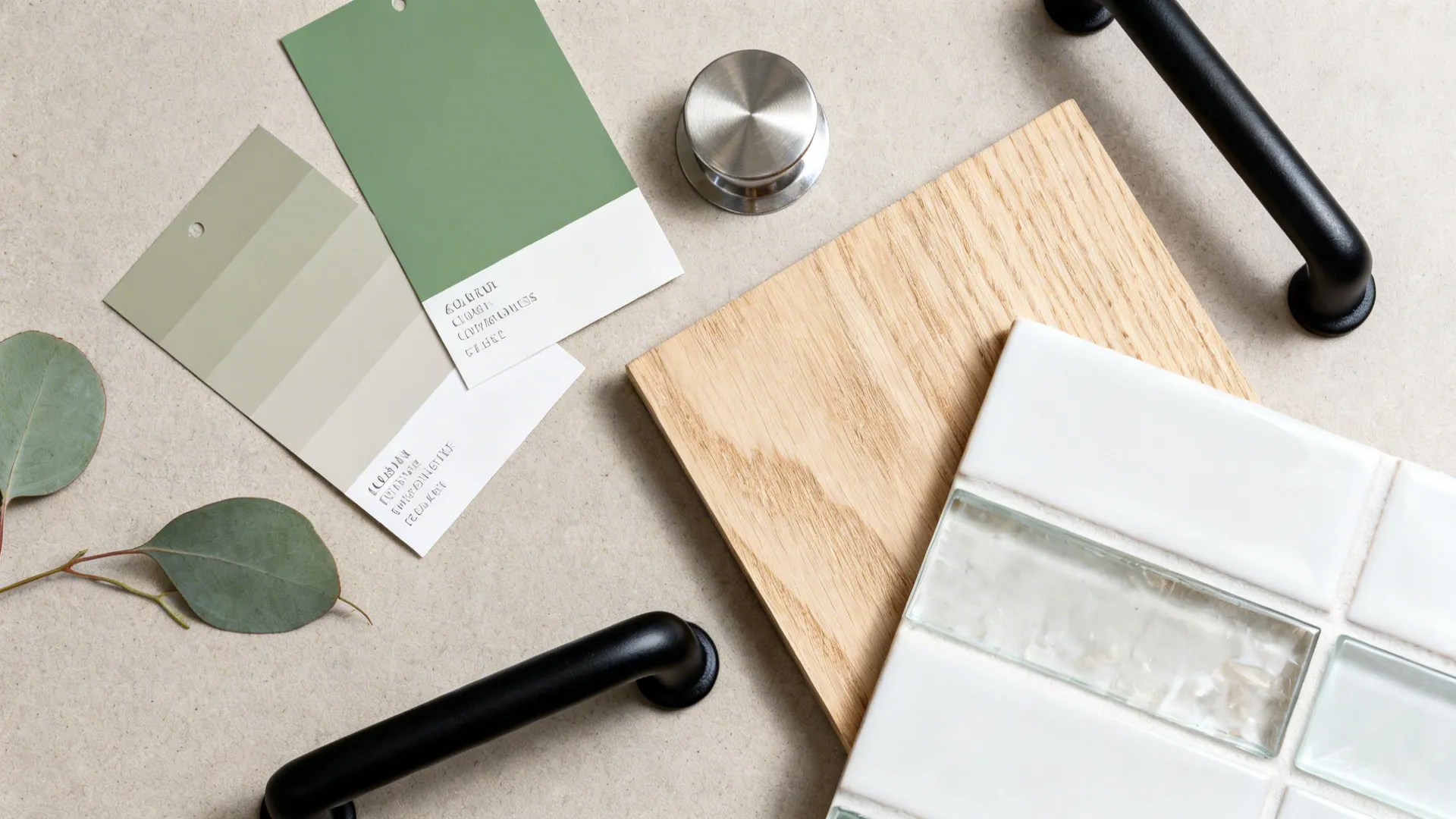 Top-down palette with sage and taupe paint swatches, oak, nickel, and white tile.
