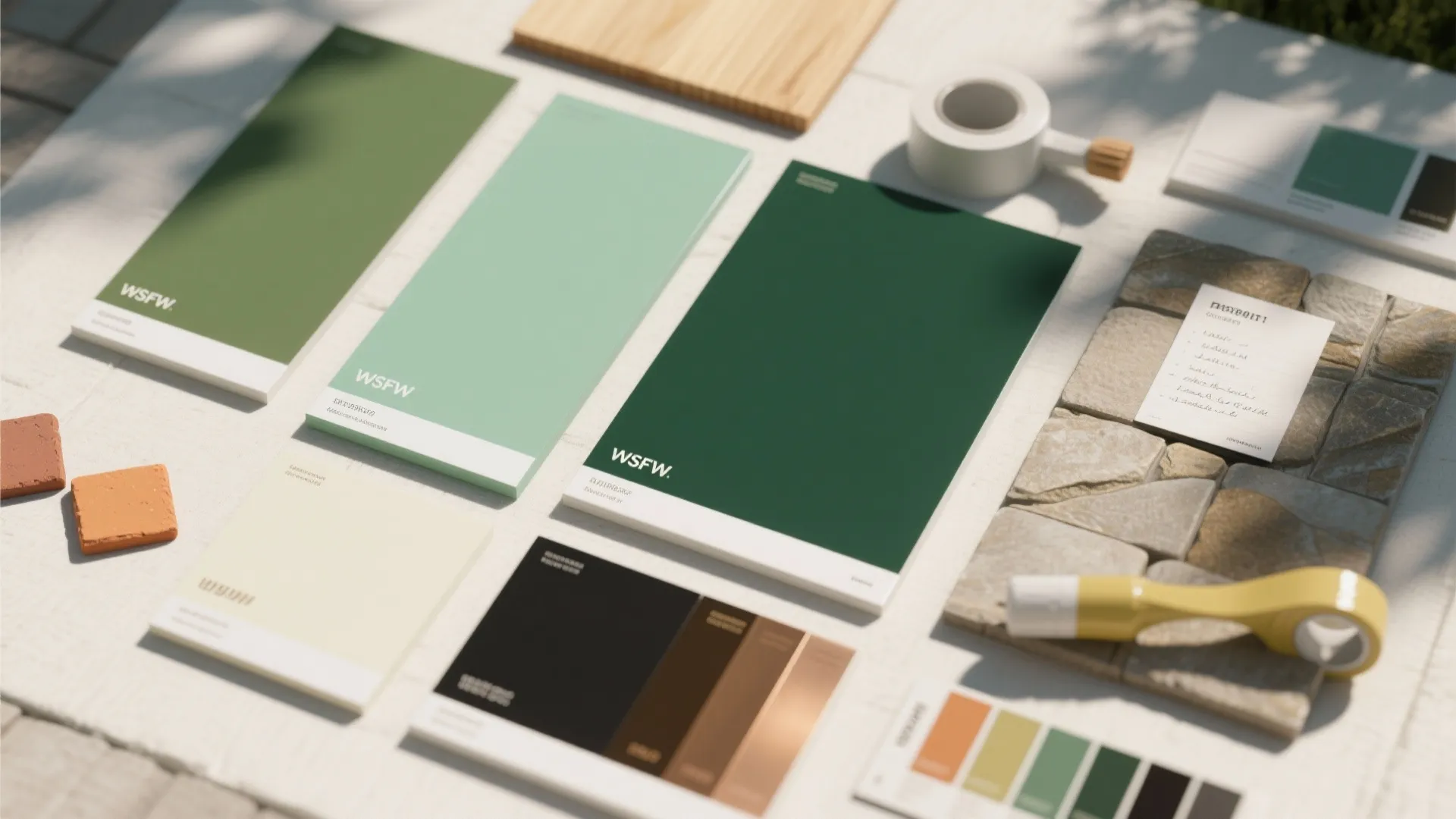 Top-down flatlay of green paint chips and material swatches showing olive, sage, mint, forest and accent trim options.