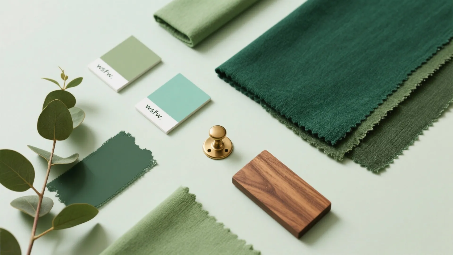 Interior design color palette showing green fabric samples color cards wood piece and gold knob