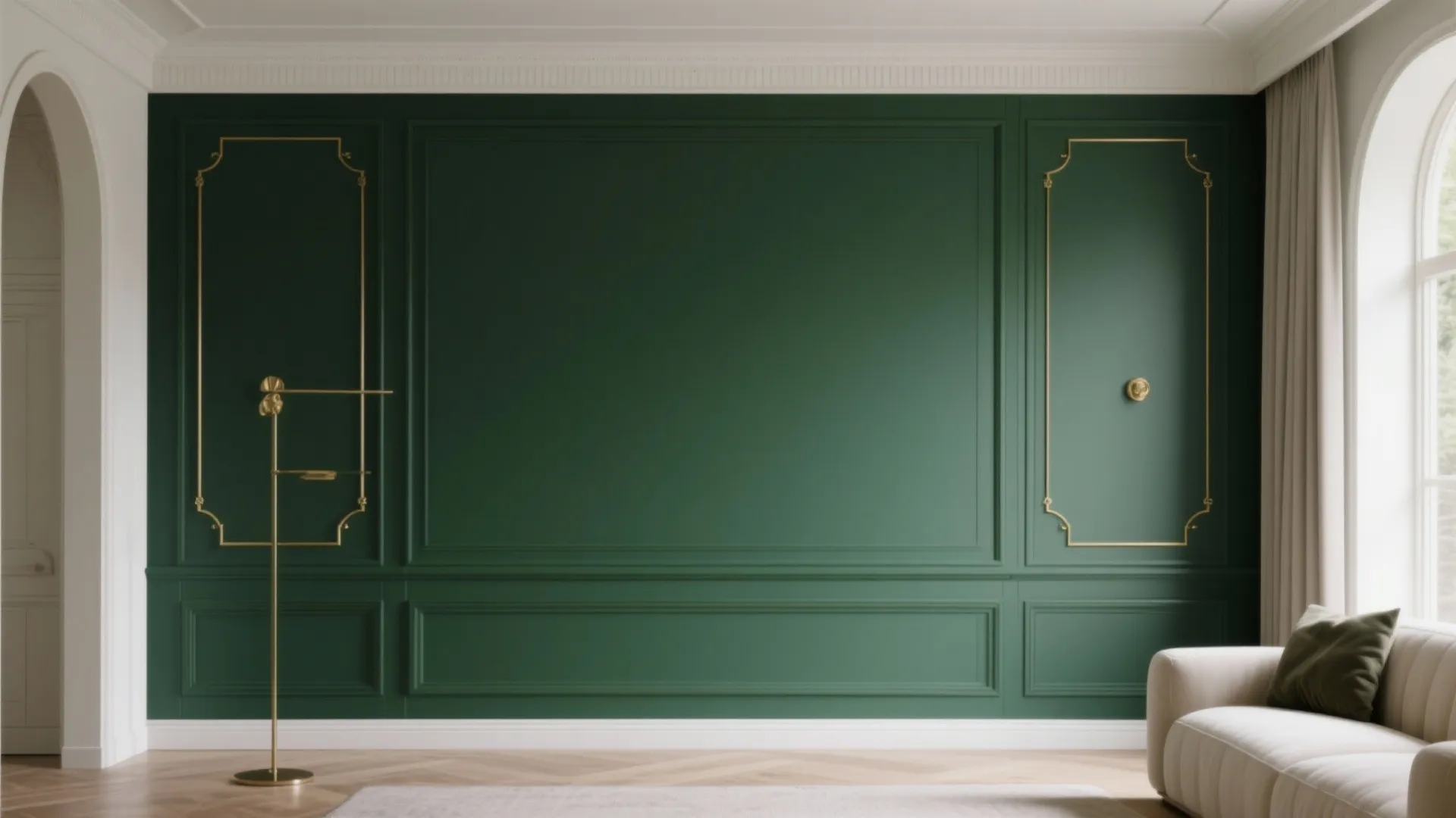 Elegant dark green wall panel with gold trim beside a white sofa and floor lamp