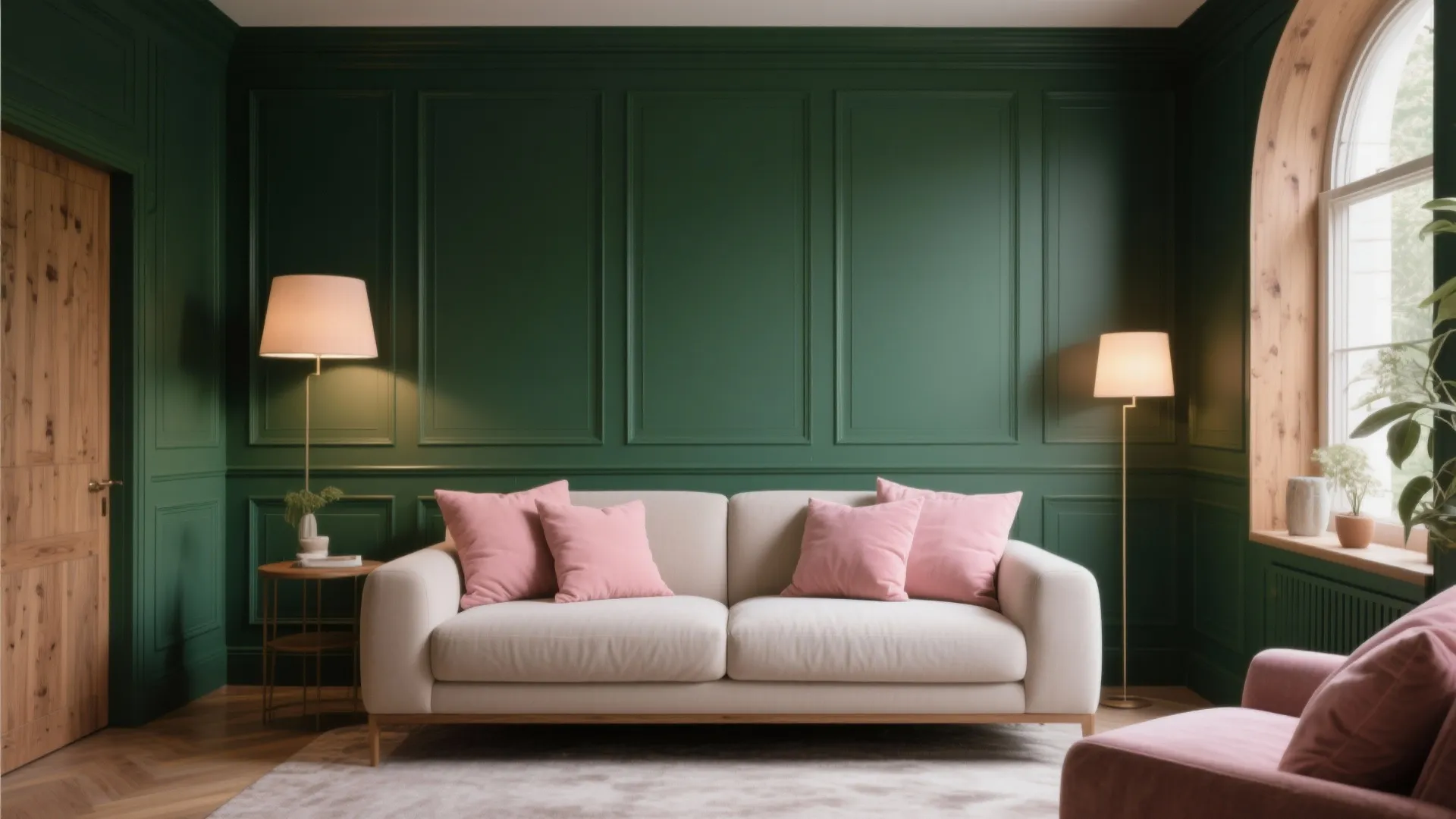 White sofa with pink pillows in front of a green wall panel with two floor lamps
