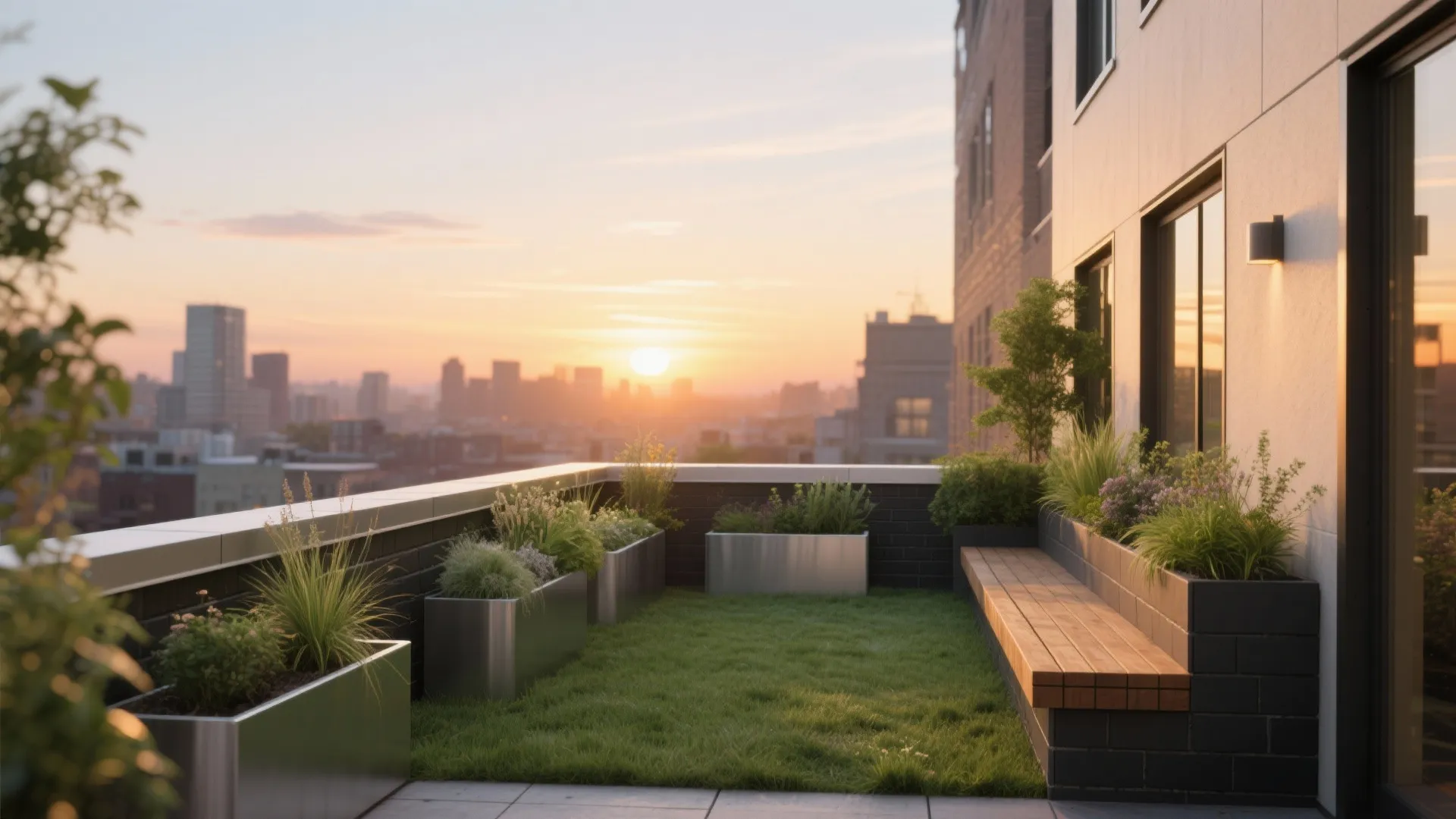 Rooftop garden with green grass area wooden bench metal planters and sunset view of city buildings
