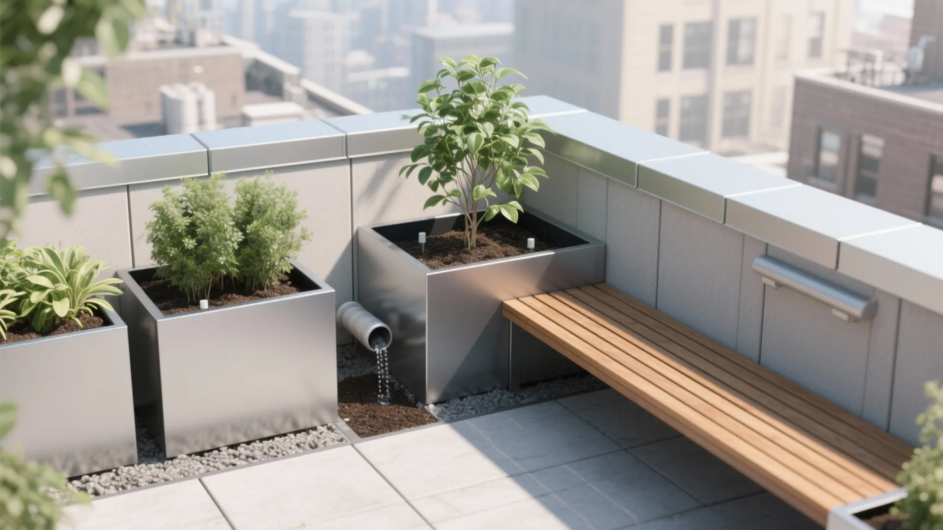 Green Parapet with Integrated Planters and a Bench