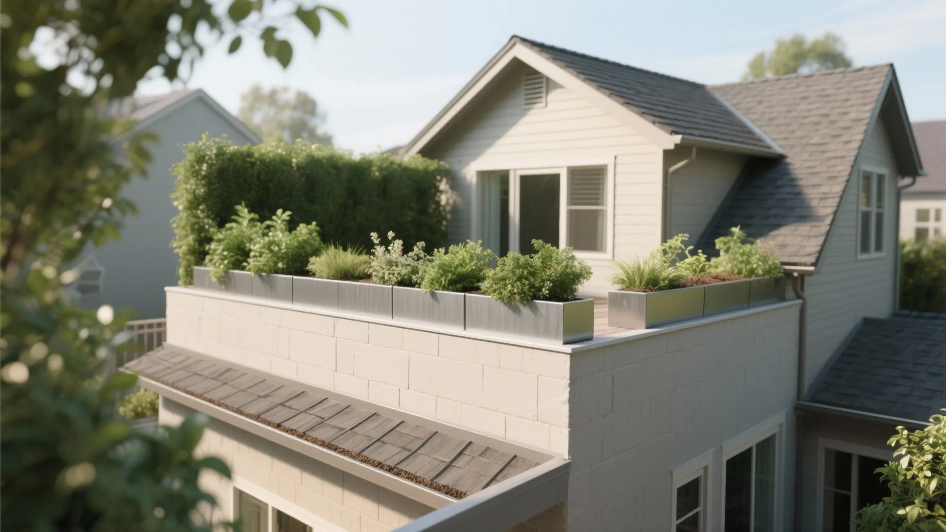 Low parapet with slim planter guard; greenery peeks above coping on a small roof terrace façade.
