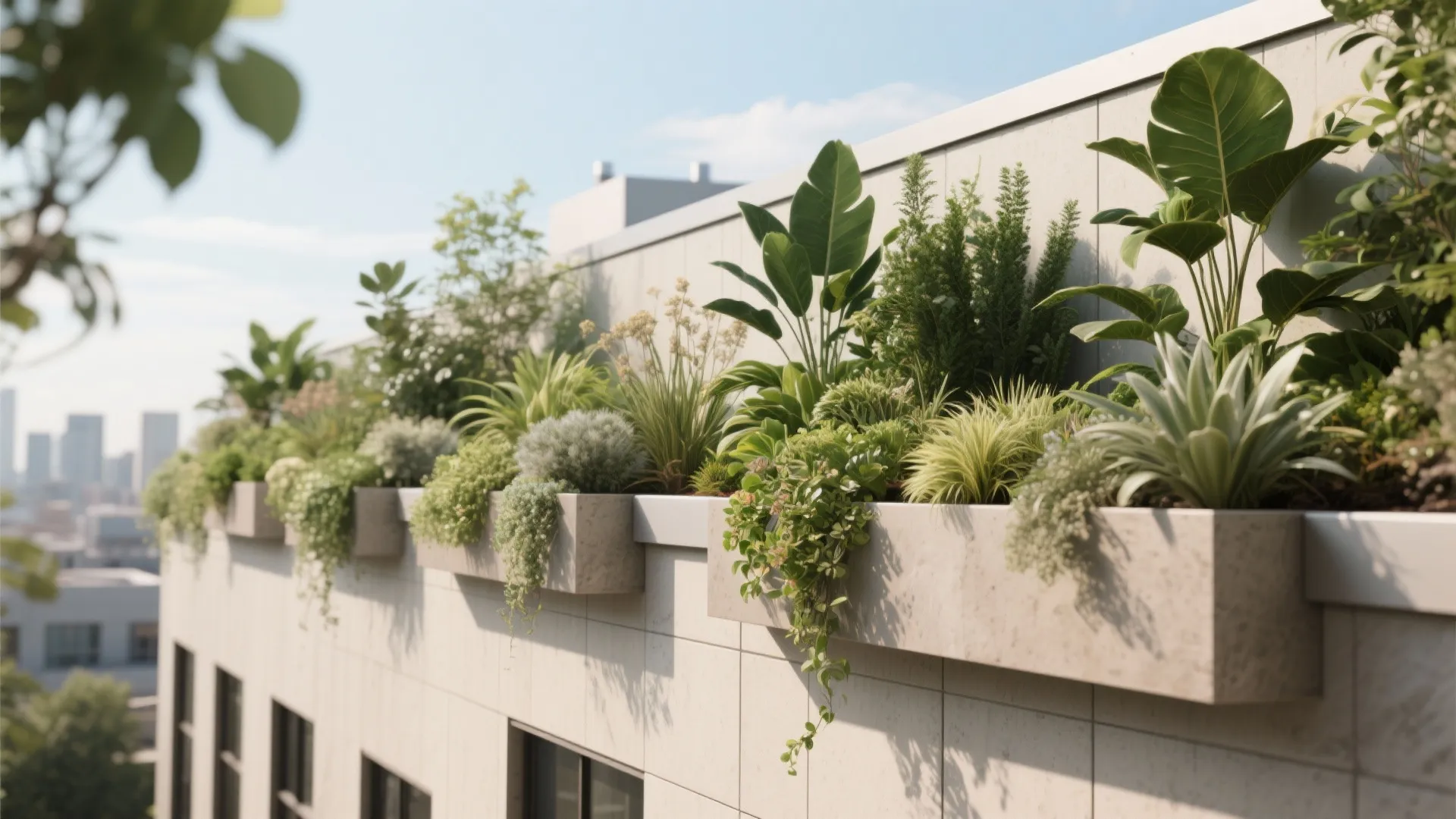 Modern white building rooftop featuring many stone plant boxes filled with lush green tropical plants