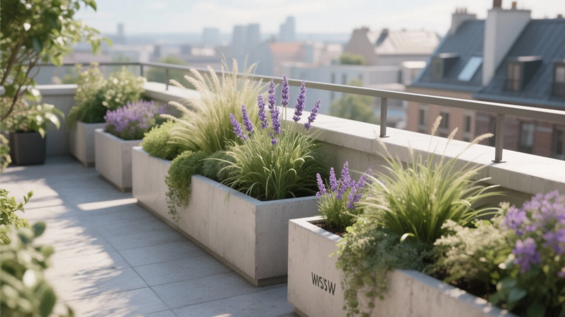 Modern rooftop garden featuring long concrete planters filled with purple flowers and green leafy plants
