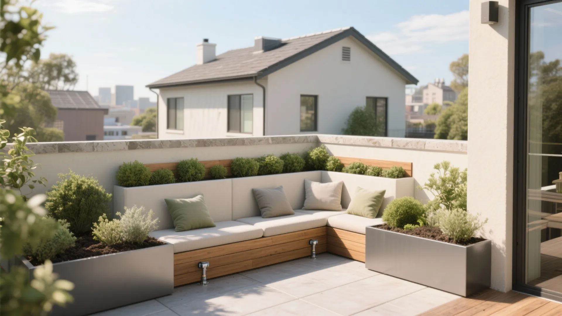 Outdoor rooftop terrace with corner sofa and green pillows surrounded by plants in metal boxes