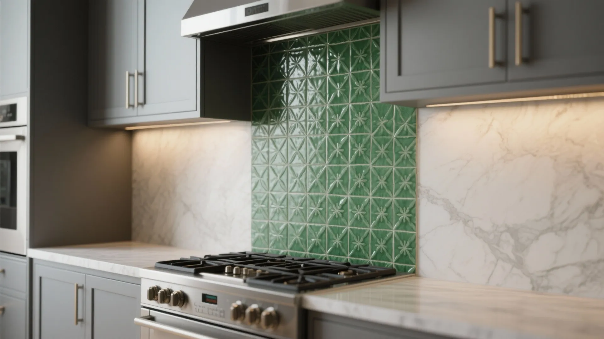 Strip of green patterned tiles as a feature behind the stove with neutral grey surroundings