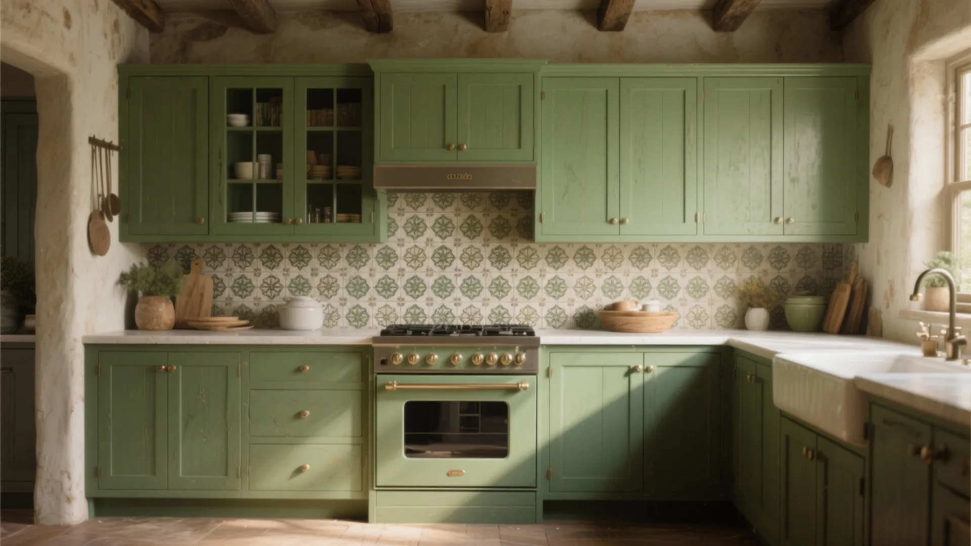 5. Green Cabinets with Patterned Tile Backsplash