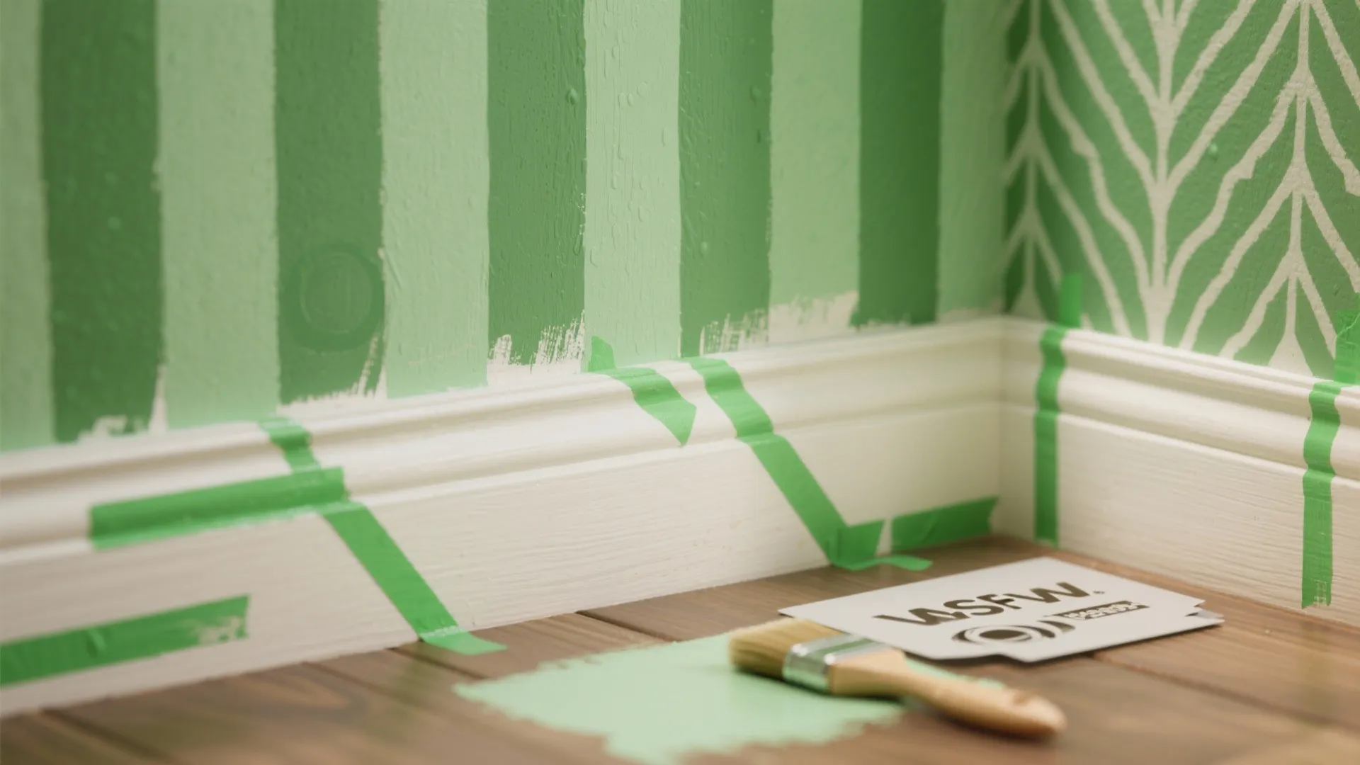 Green striped wall painting project with masking tape on white baseboard and a small paint brush