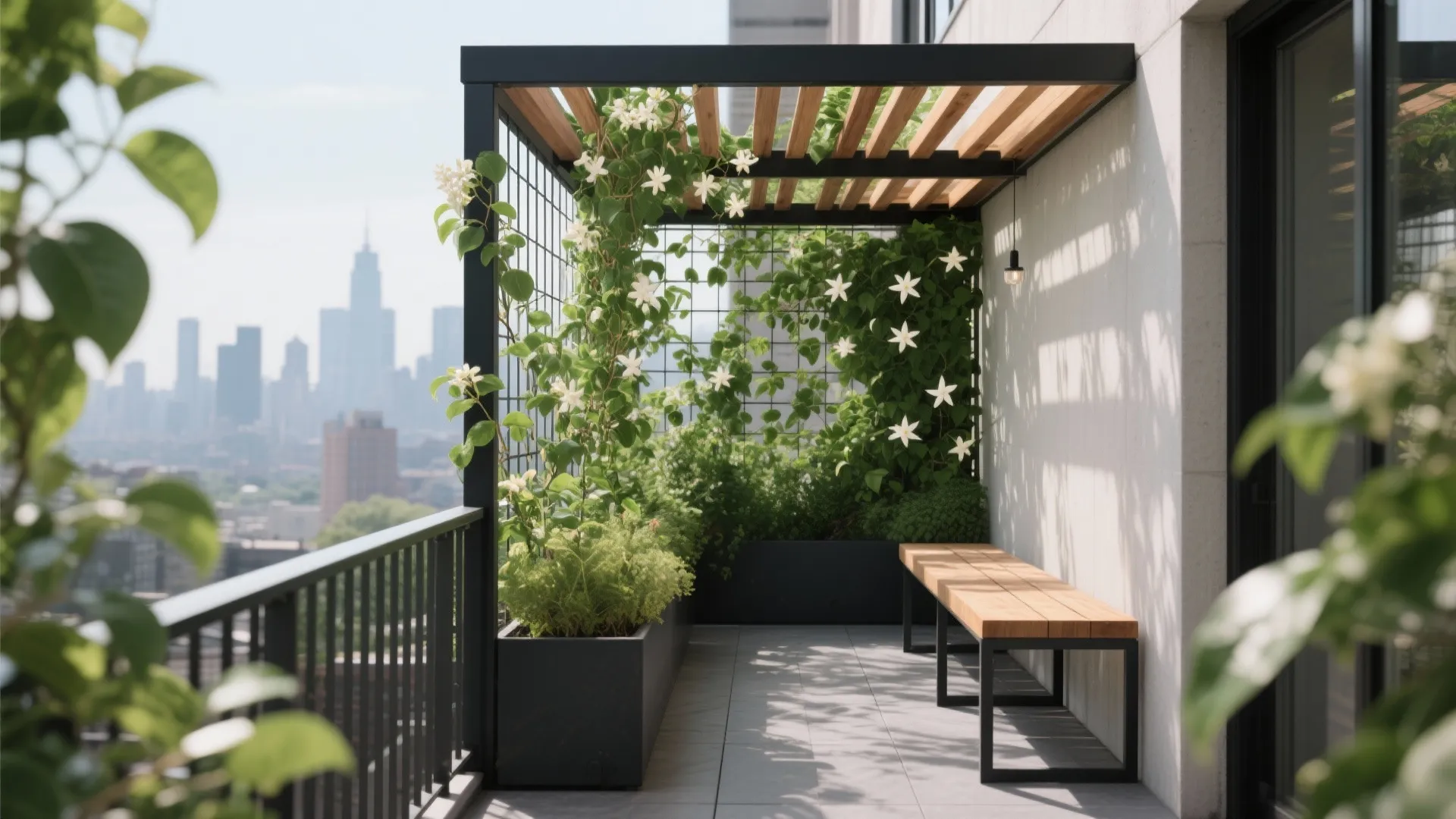 Modern apartment balcony with black metal pergola wooden bench green climbing plants and city view