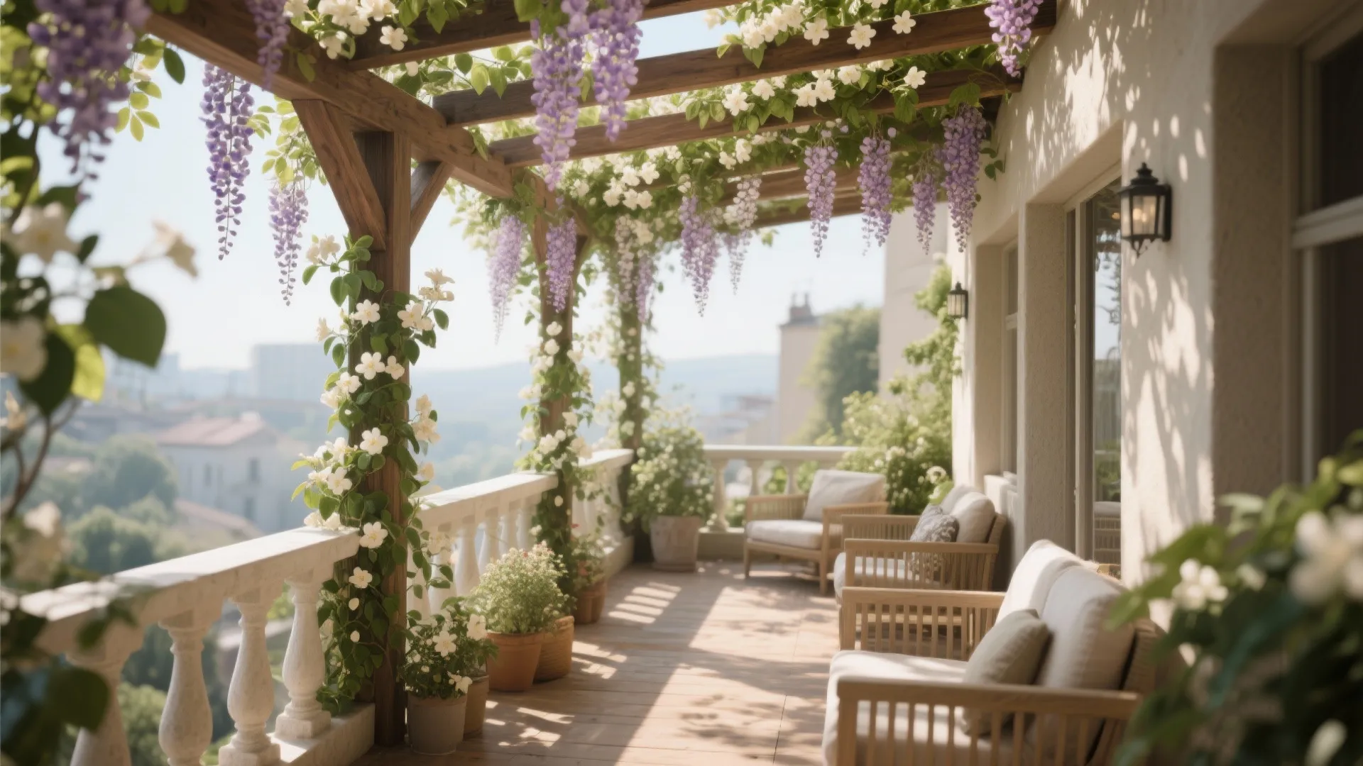 Green pergola with climbing plants