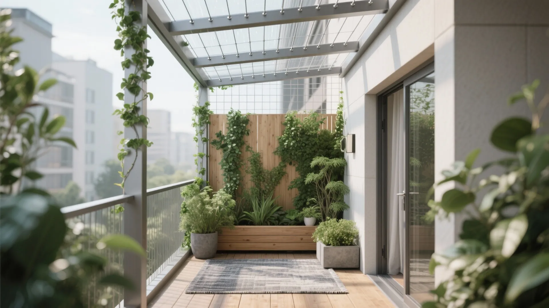 Cozy balcony area featuring green climbing plants, wooden wall panel, small rug, and glass roof