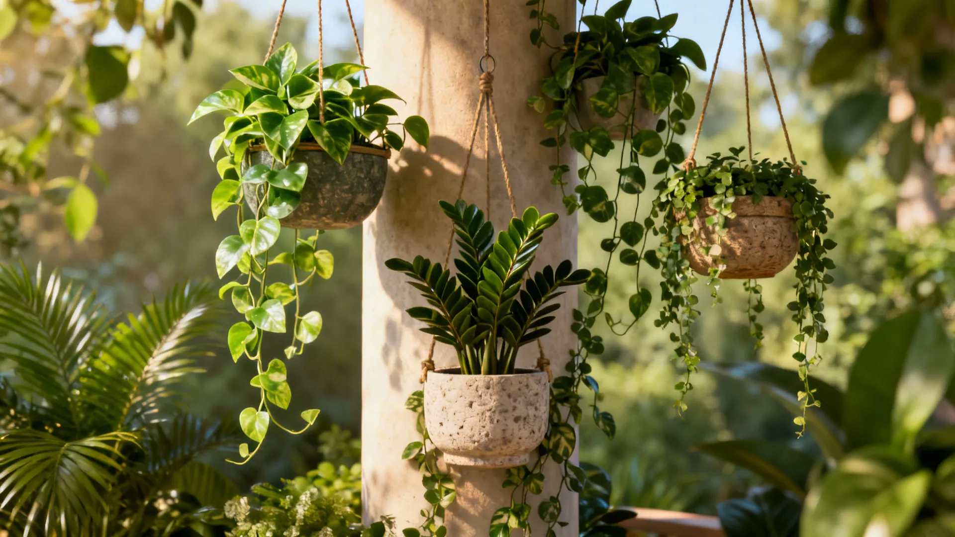 Pillar surrounded by hanging planters and trailing plants, adding texture and softness to the living room.