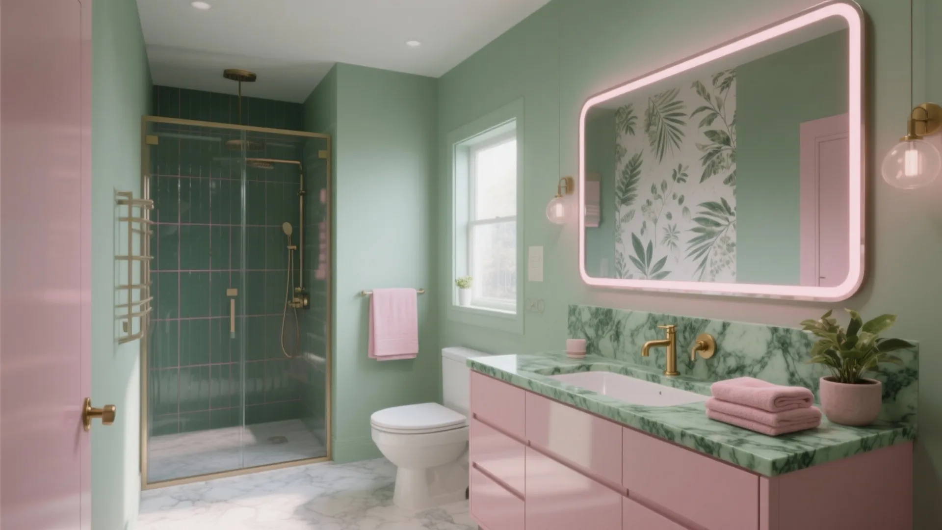 Modern green and pink bathroom with glass shower door marble counter toilet and lighted wall mirror
