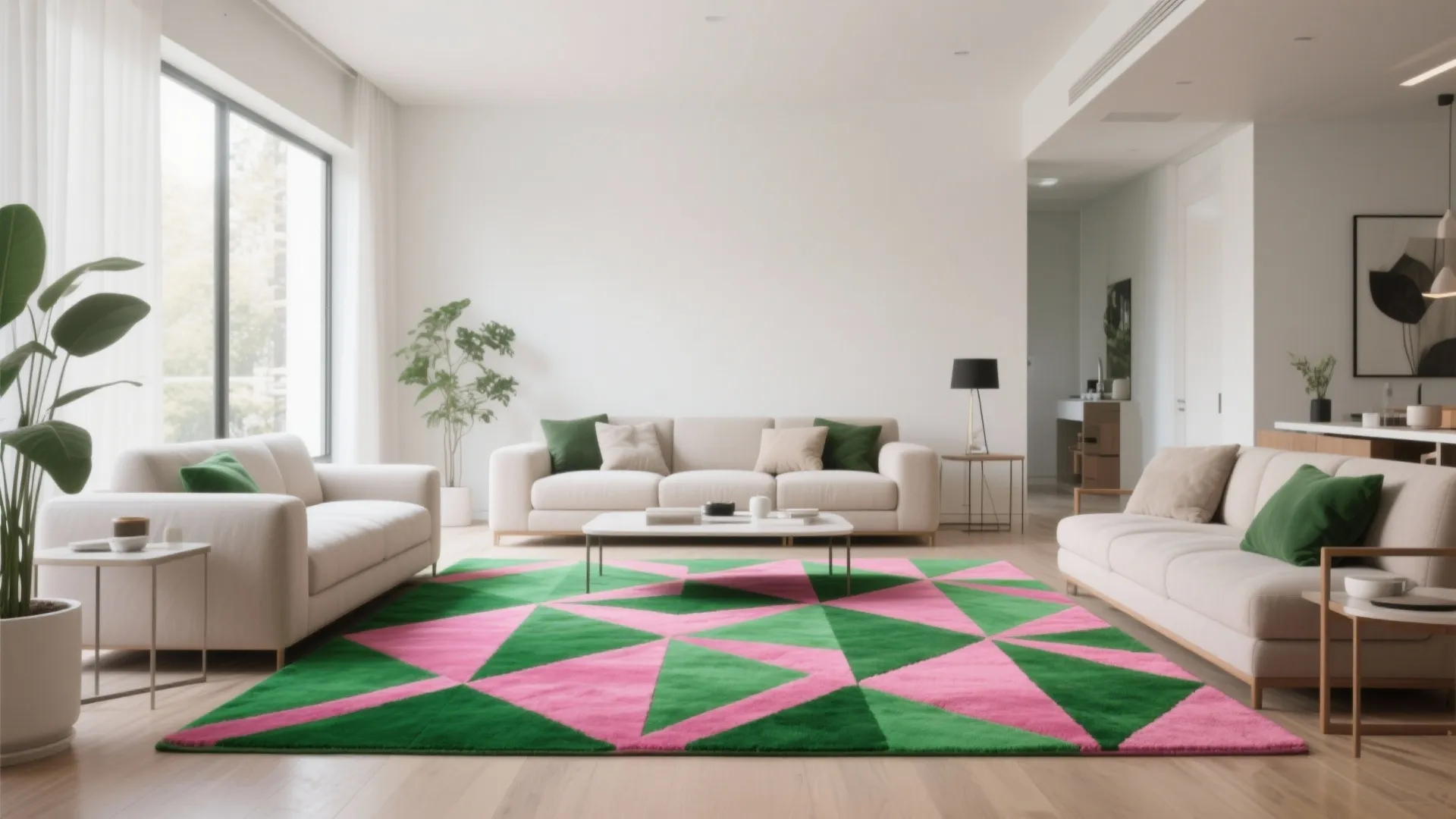6. Green and Pink Geometric Rug