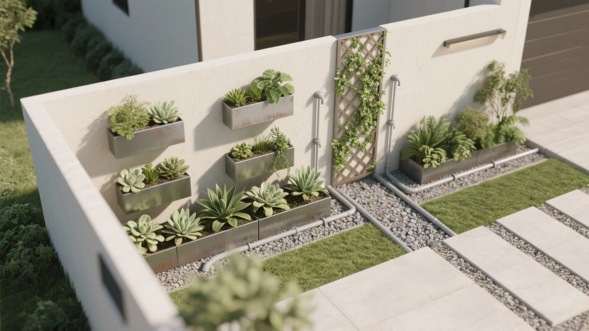 Green facade with integrated planters