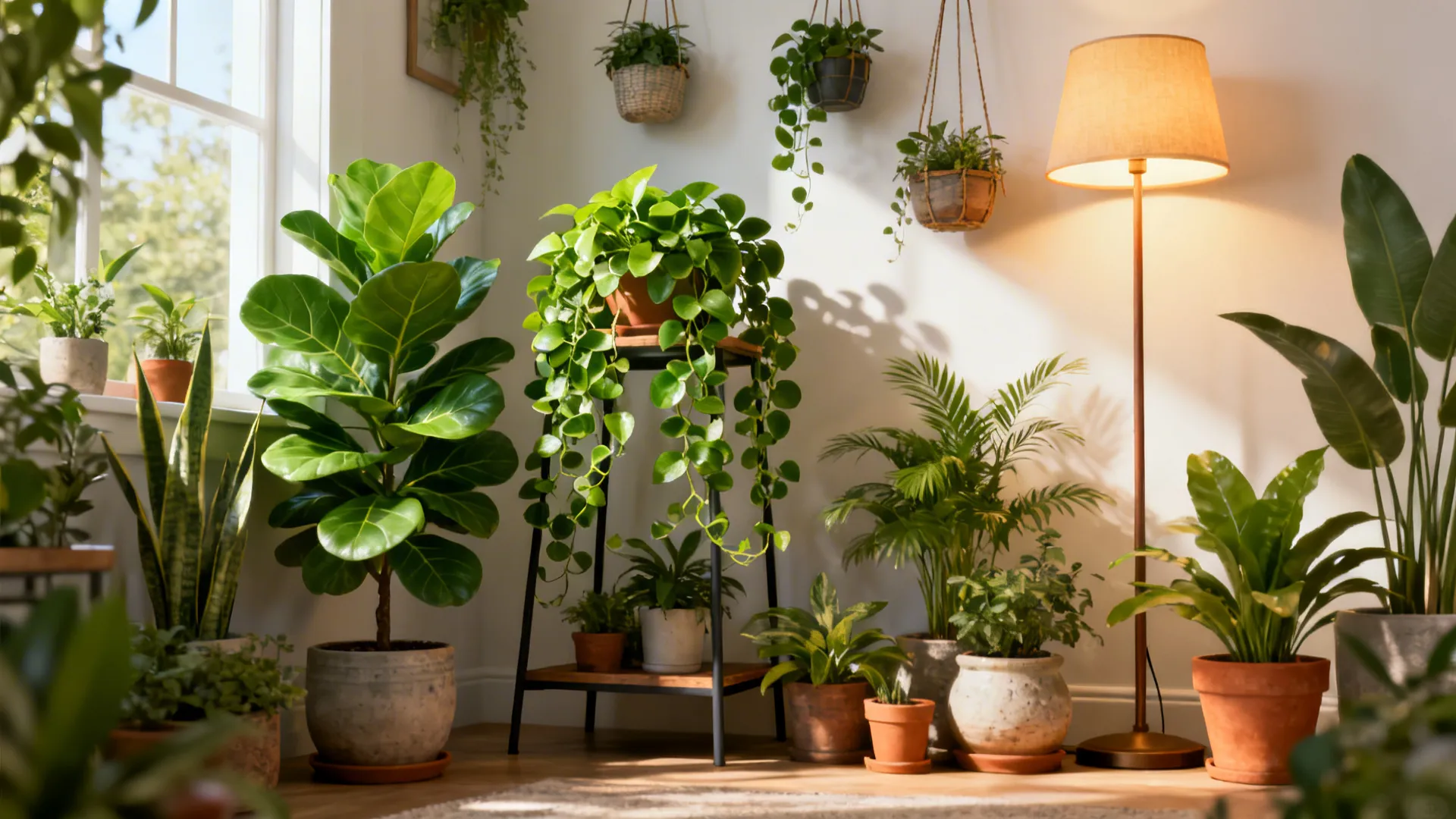 Layered plant corner with fiddle leaf fig, hanging planters and a floor lamp.