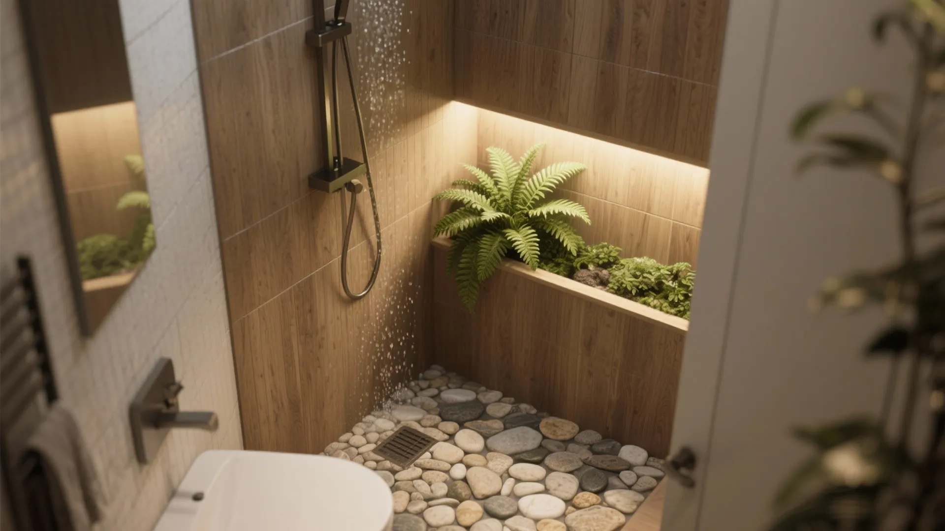 Natural-material bathroom corner with wood-look tile, pebbled floor and a fern nook with indirect light.