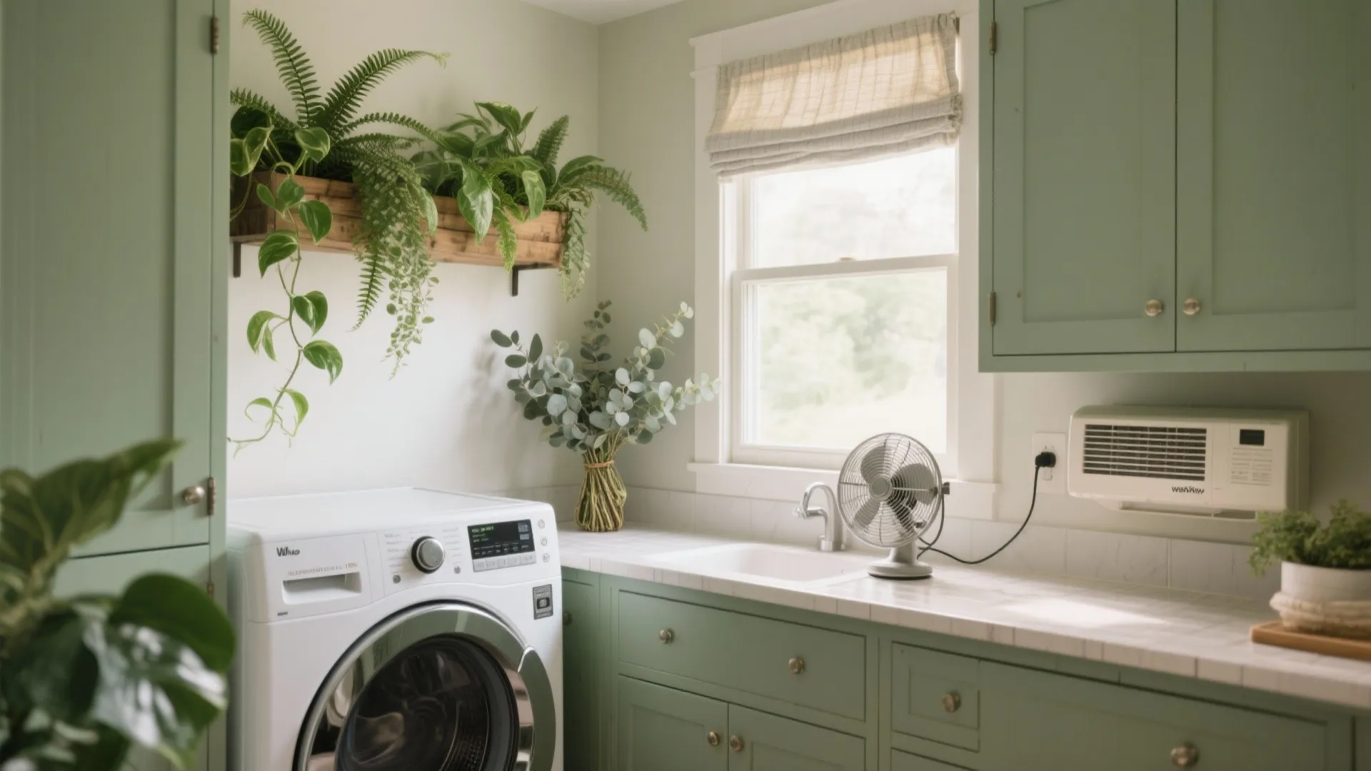 Green laundry area with white washing machine sink indoor plants small fan and natural light