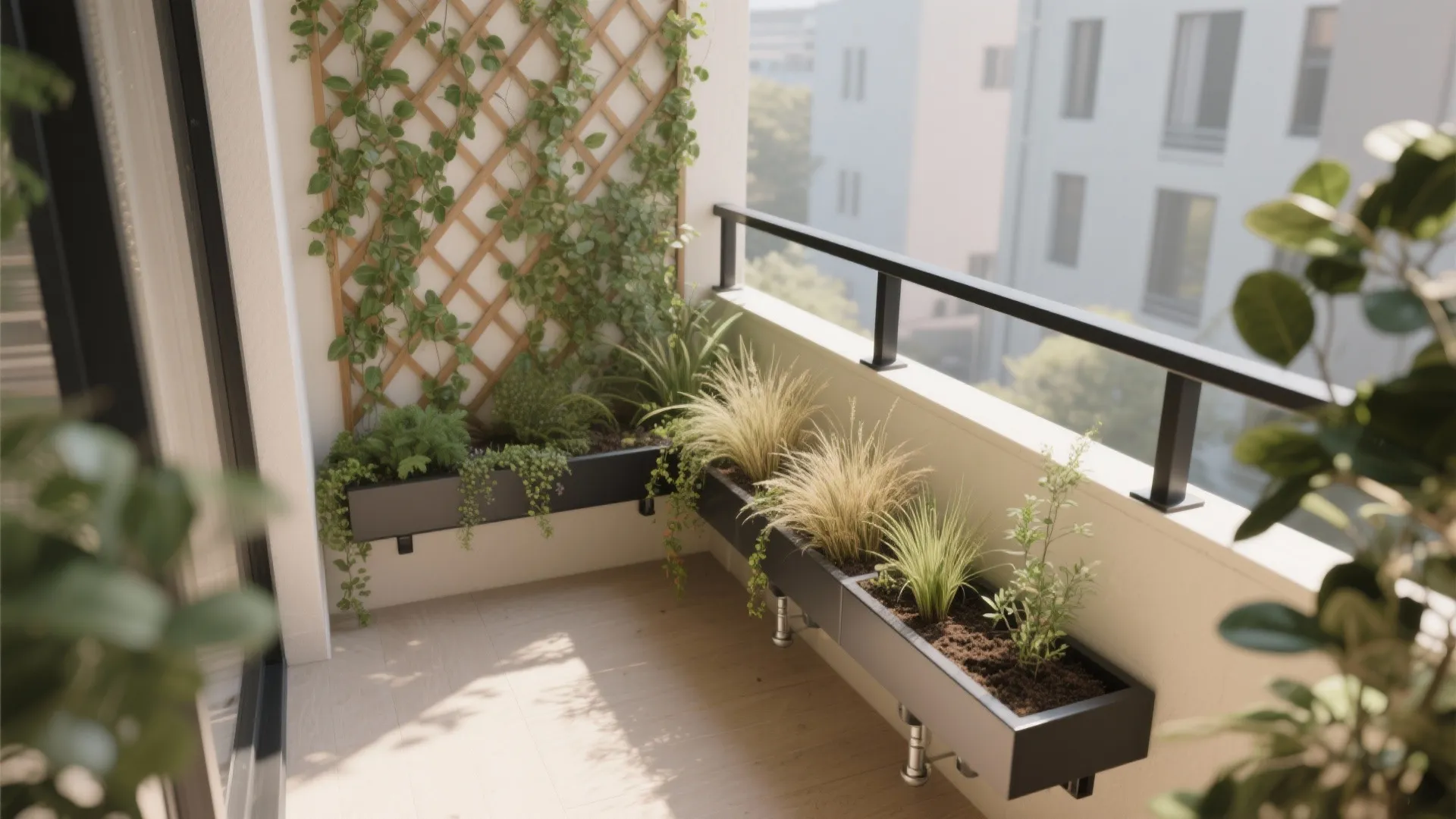 Balcony design with black wall planters climbing plants on wooden trellis and black metal railing