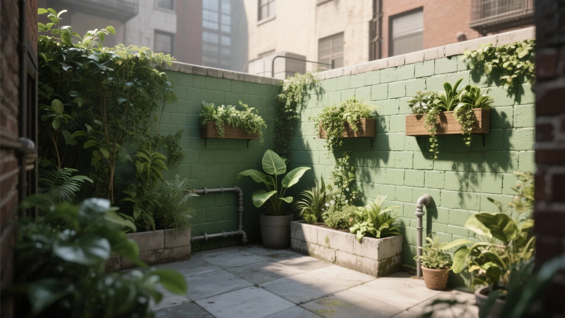 Urban courtyard with a deep green painted concrete block wall and mounted planter boxes filled with lush plants.