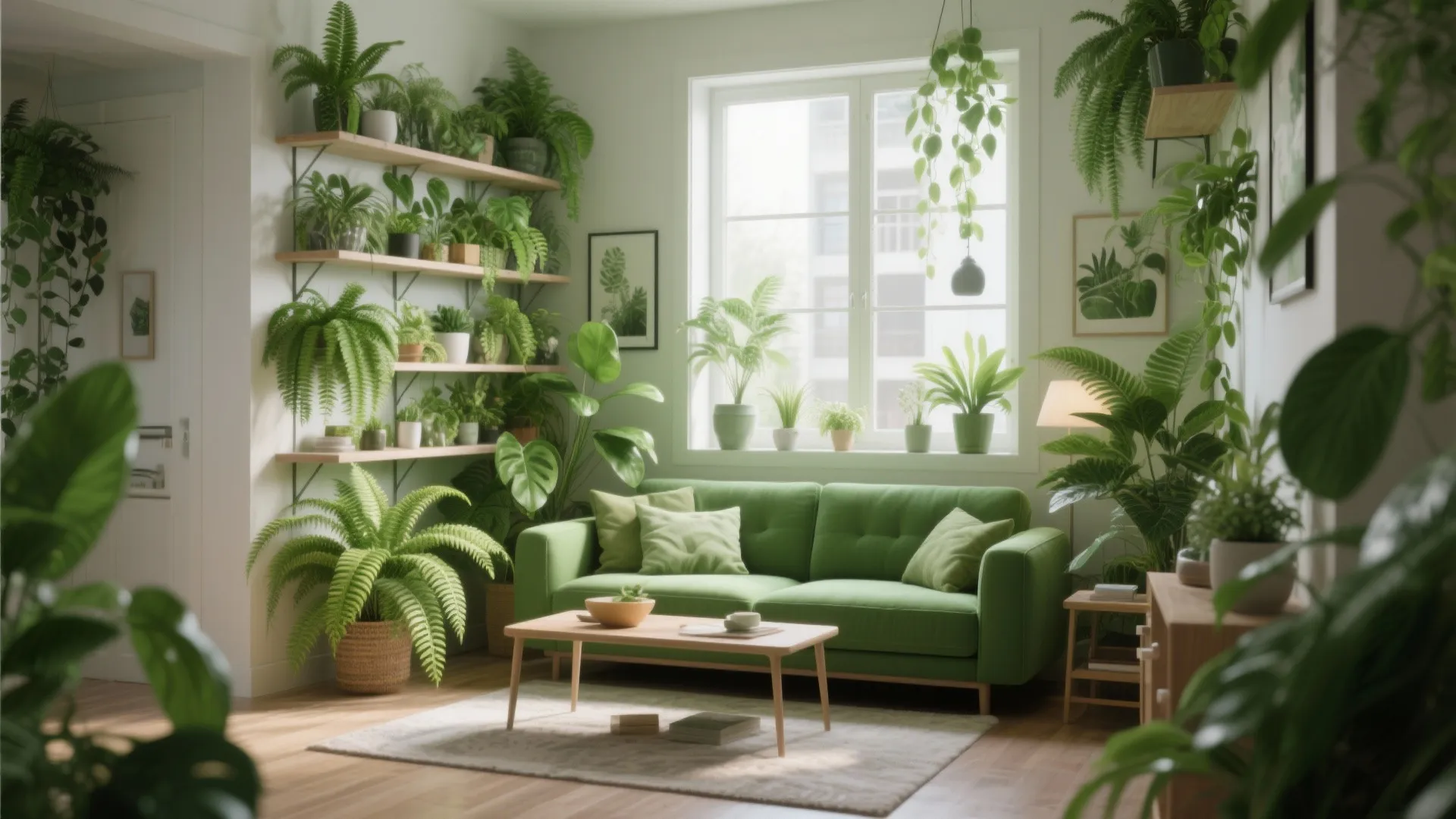 Green couch in a small living room with lush indoor plants
