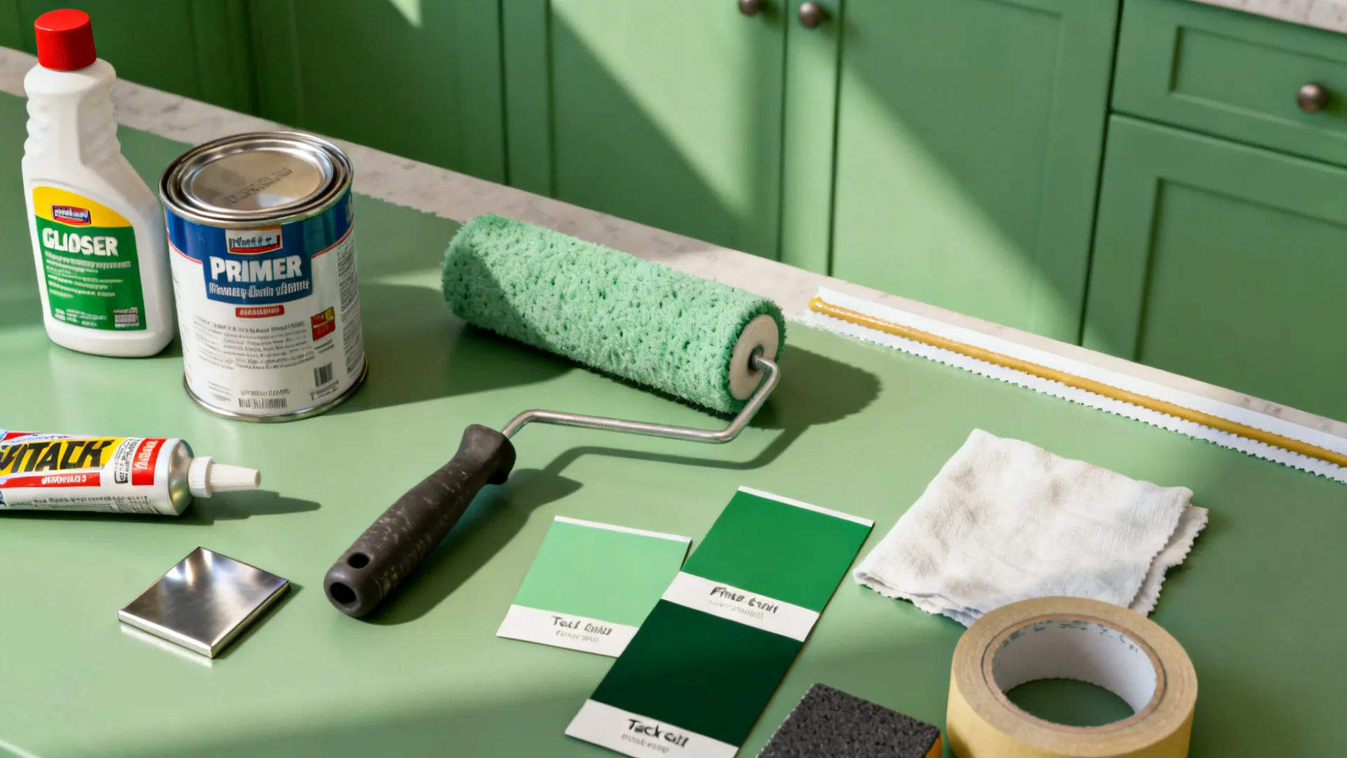 Painting supplies including green paint roller primer can color swatches and tape on green table surface