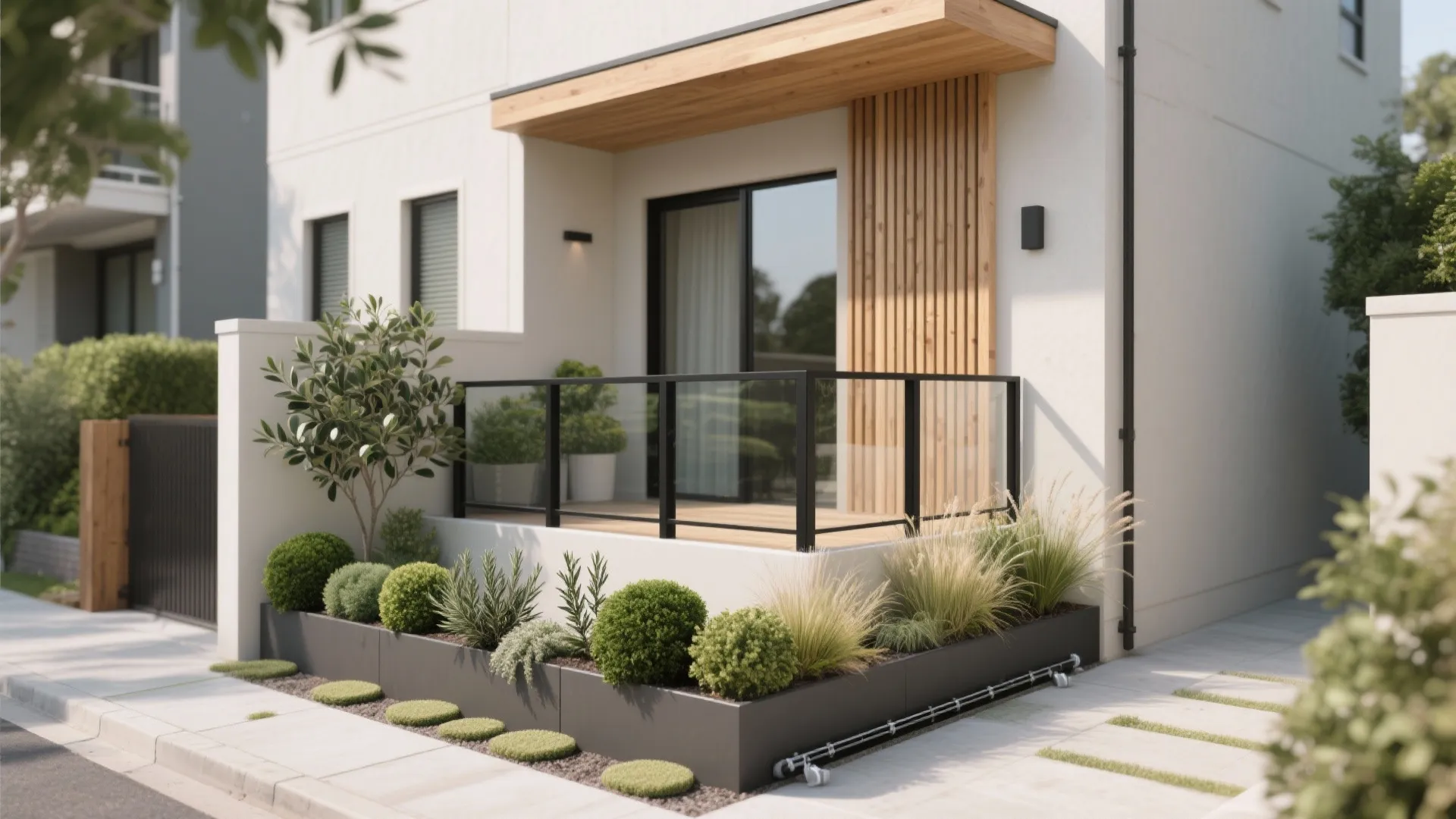 Small outdoor patio with wood wall panel glass railing green plants and a wooden canopy