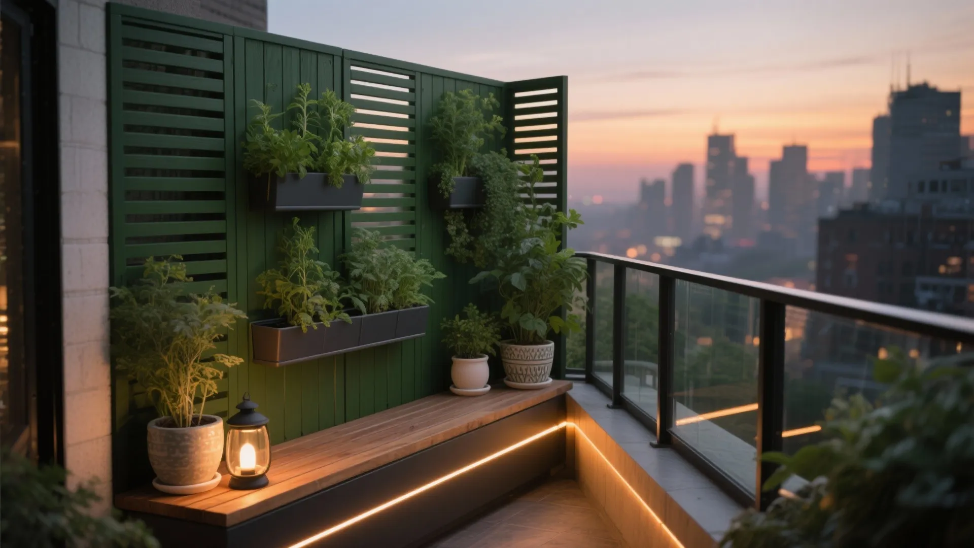 Green walls, privacy screens, and layered lighting